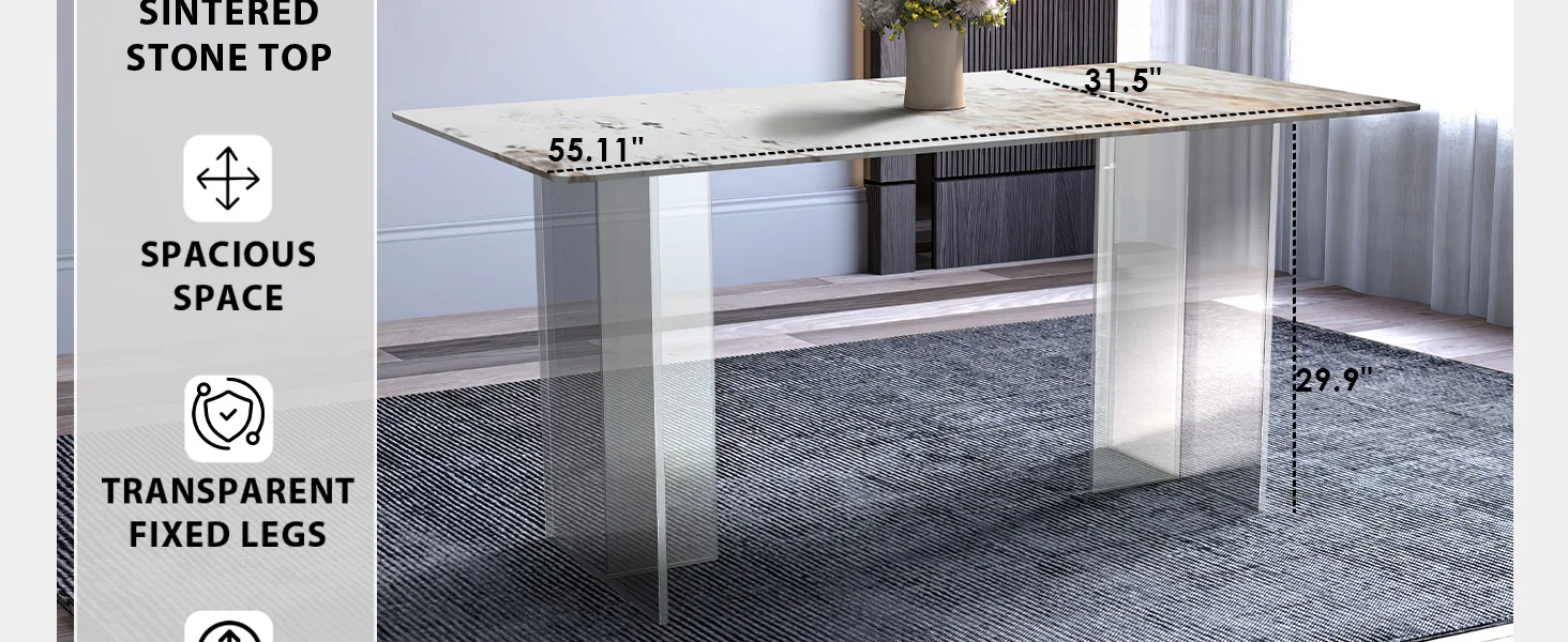 Kova Series Dining Table, Clear Base with 55" White Grey Sintered Stone Top