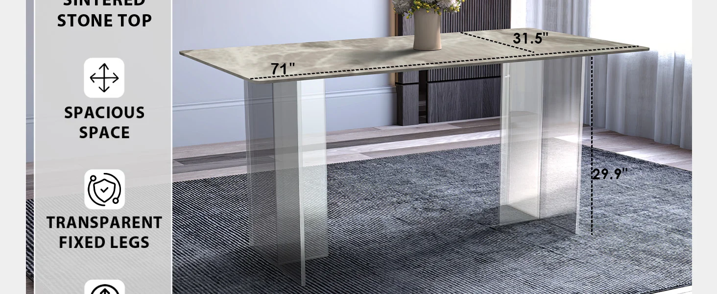 Kova Series Dining Table, Clear Base with 55" Deep Grey Sintered Stone Top