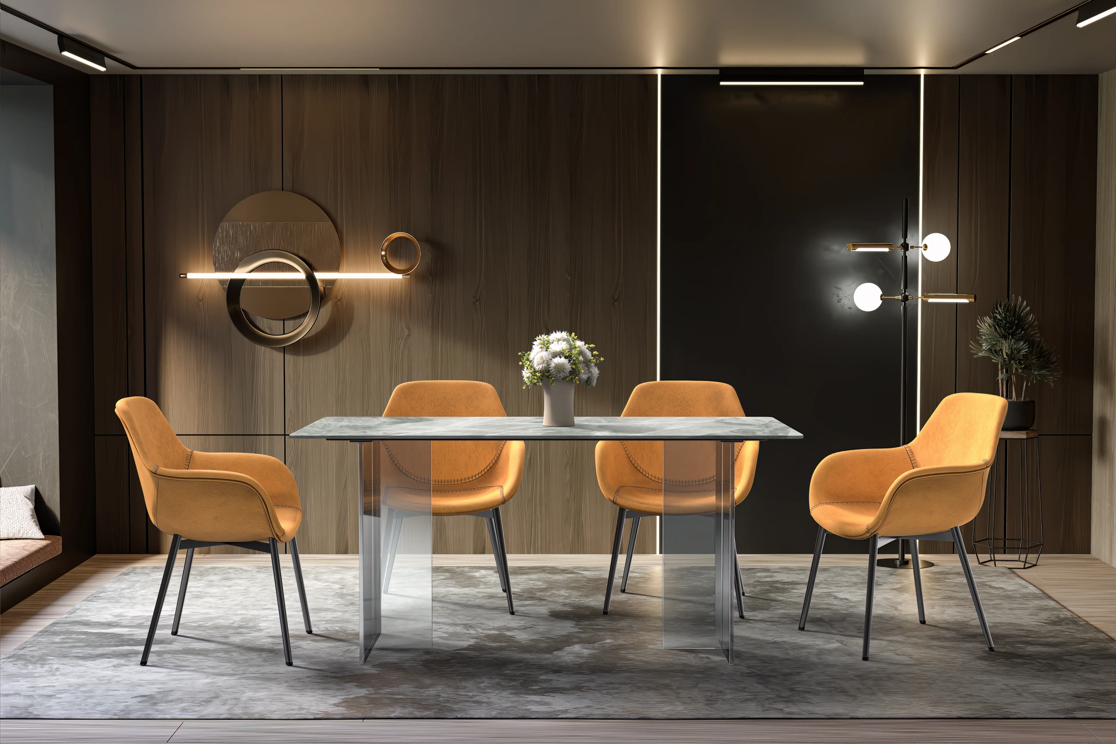 Kova Series Dining Table, Clear Base with 55" Light Grey Sintered Stone Top