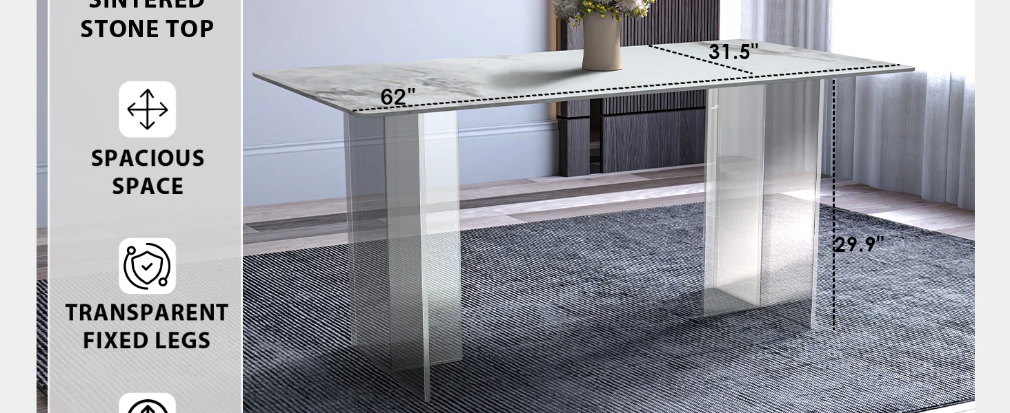 Kova Series Dining Table, Clear Base with 55" Medium Grey Sintered Stone Top