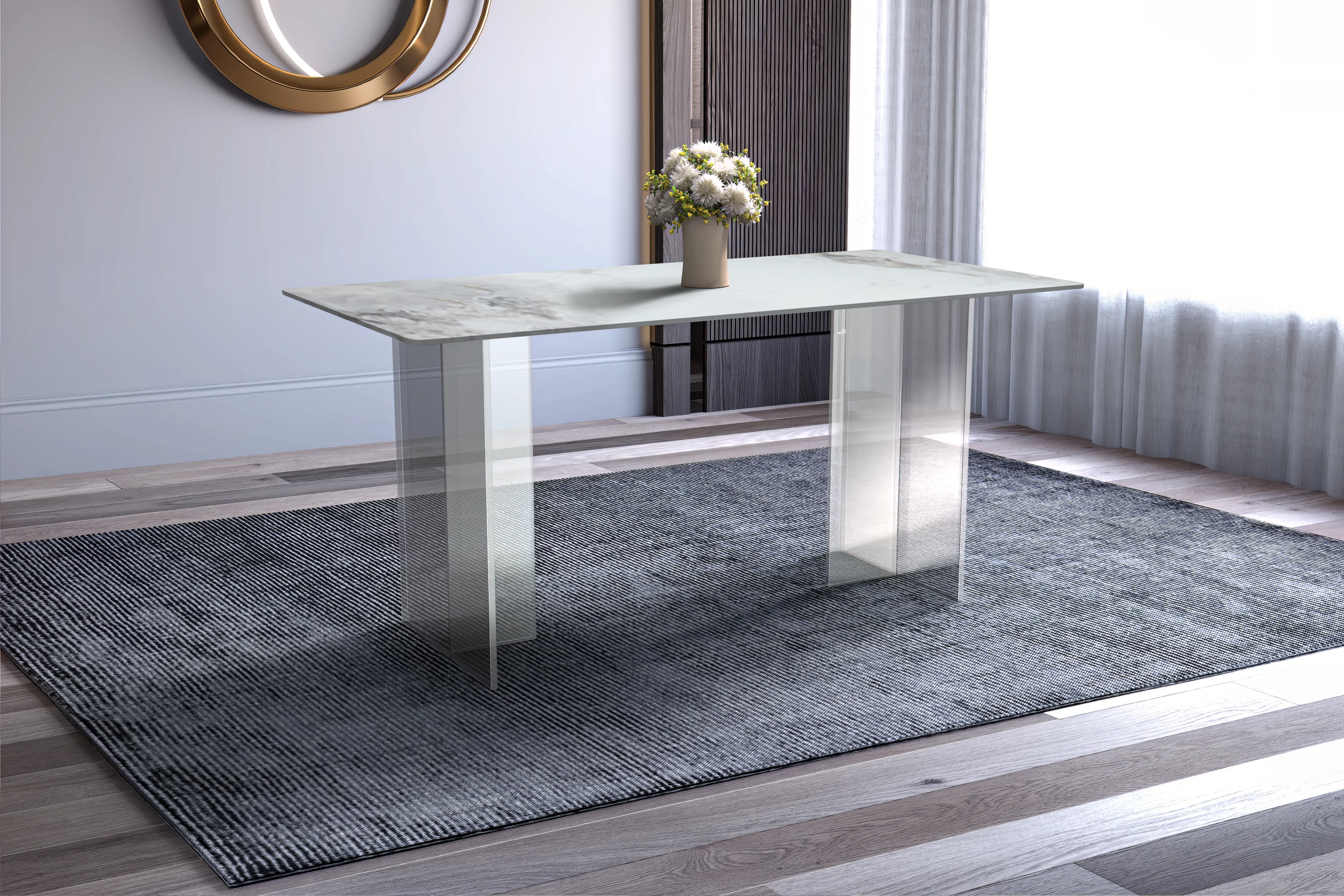 Kova Series Dining Table, Clear Base with 55" Medium Grey Sintered Stone Top