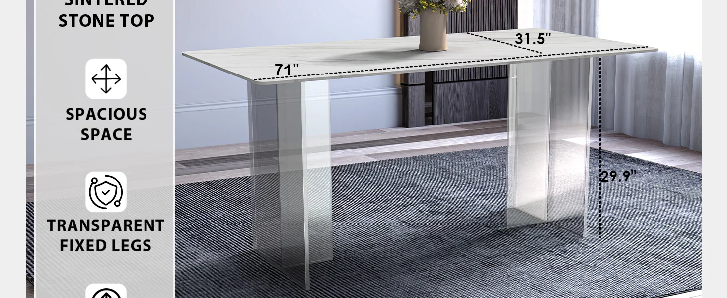 Kova Series Dining Table, Clear Base with 55" White Sintered Stone Top