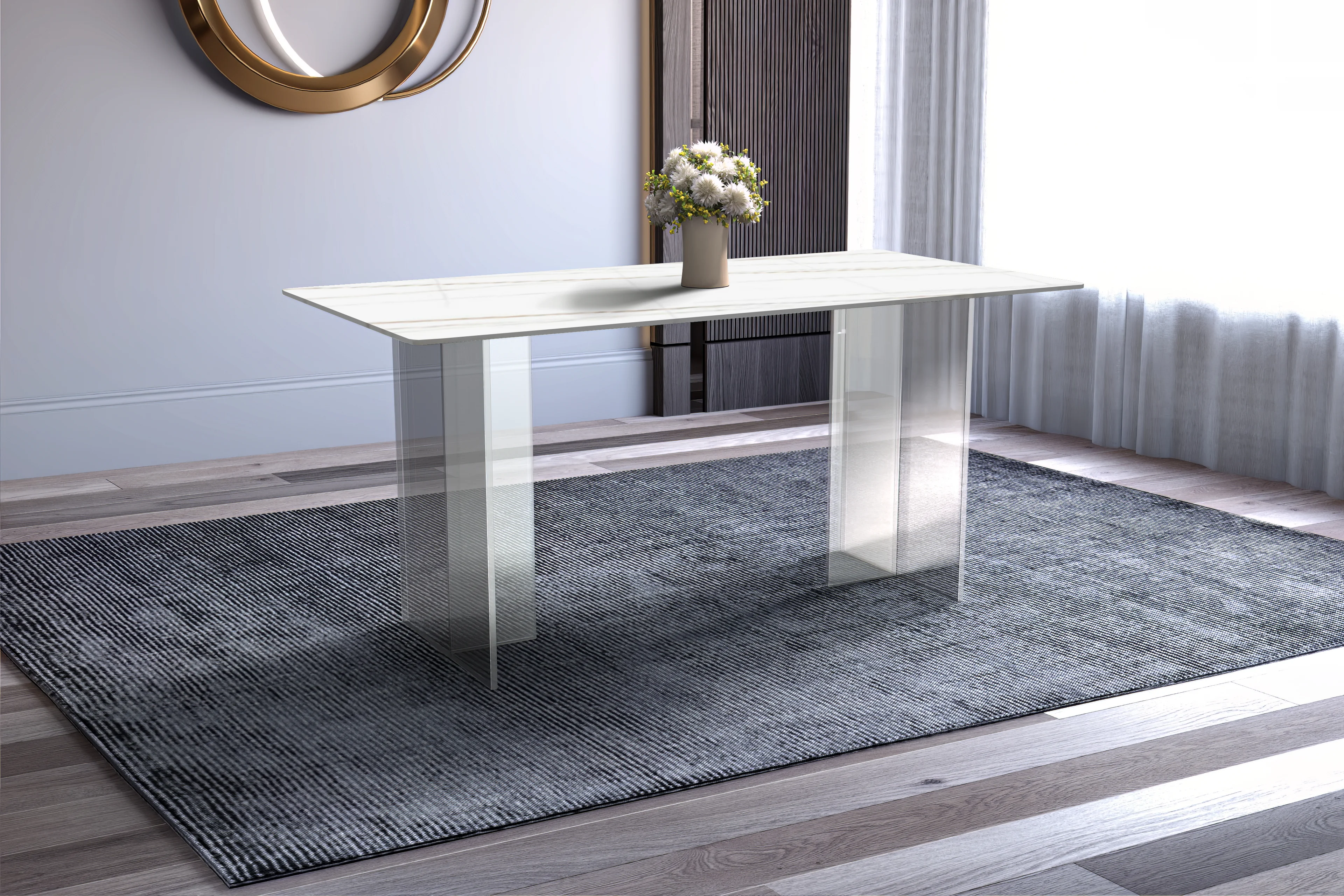 Kova Series Dining Table, Clear Base with 55" White/Gold Sintered Stone Top