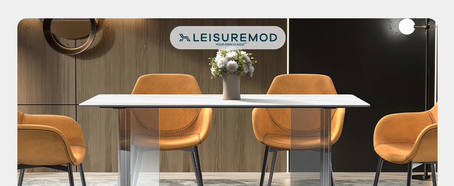 Kova Series Dining Table, Clear Base with 55" White/Gold Sintered Stone Top