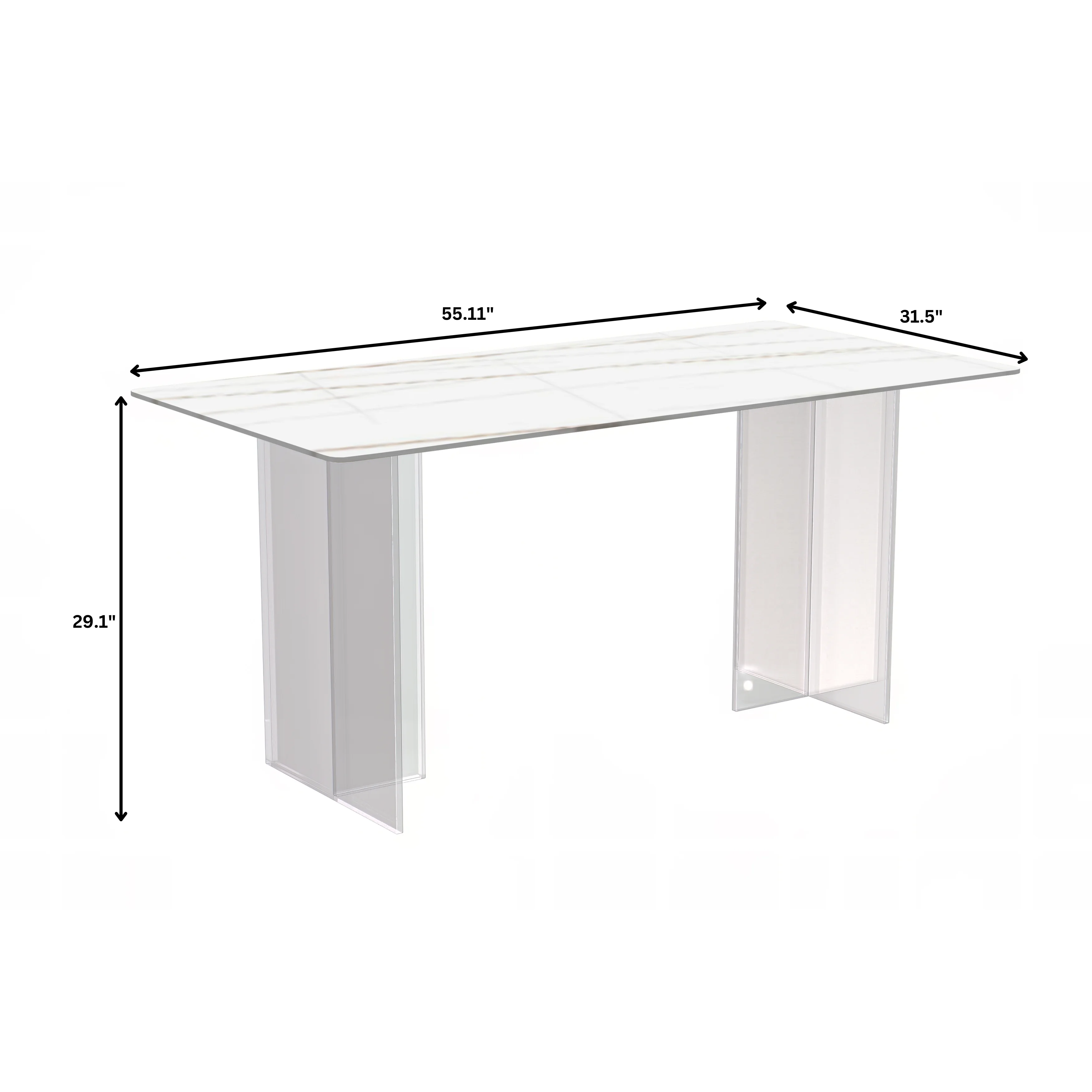 Kova Series Dining Table, Clear Base with 55" White/Gold Sintered Stone Top