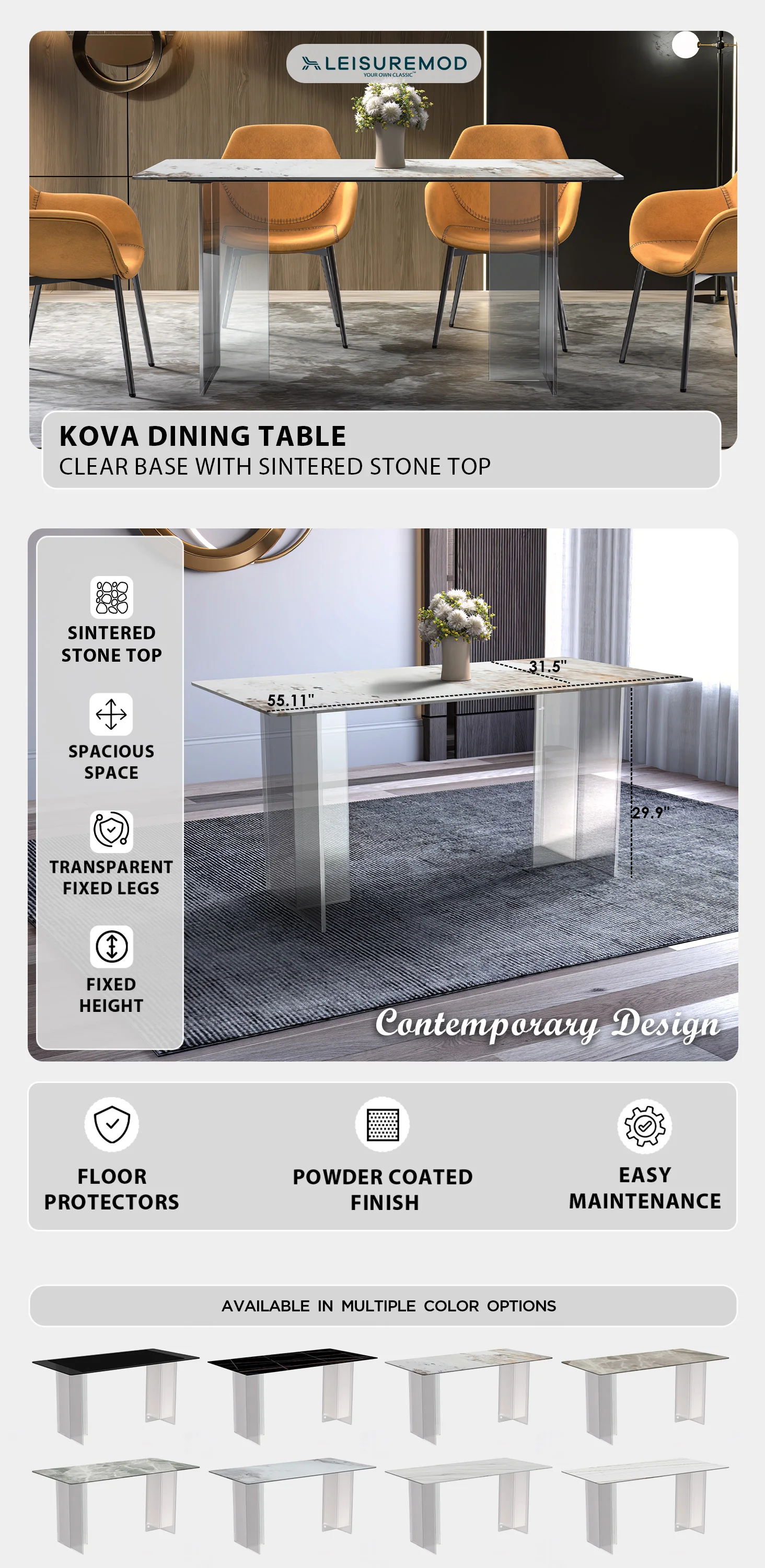 Kova Series Dining Table, Clear Base with 62" White Grey Sintered Stone Top