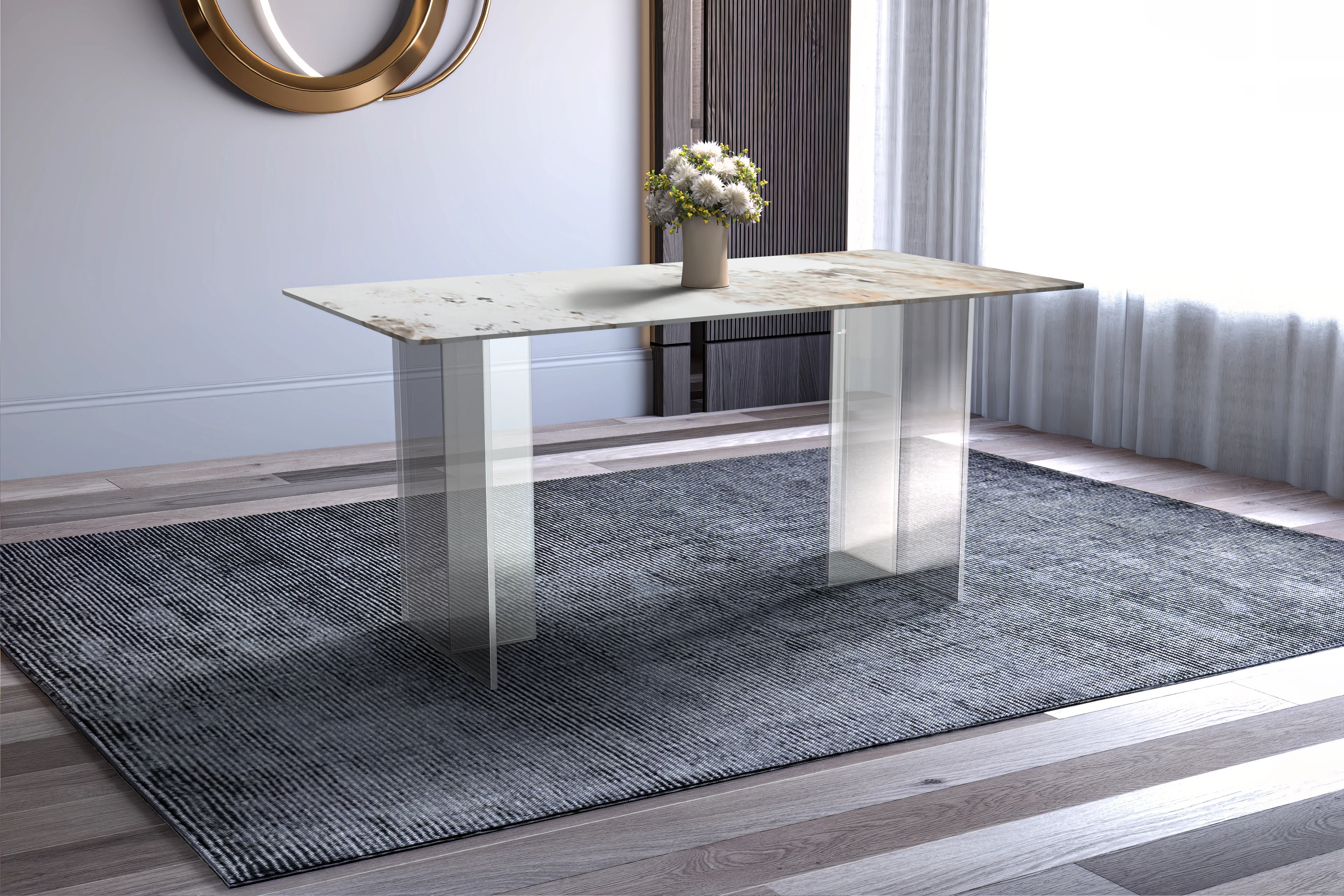 Kova Series Dining Table, Clear Base with 62" White Grey Sintered Stone Top