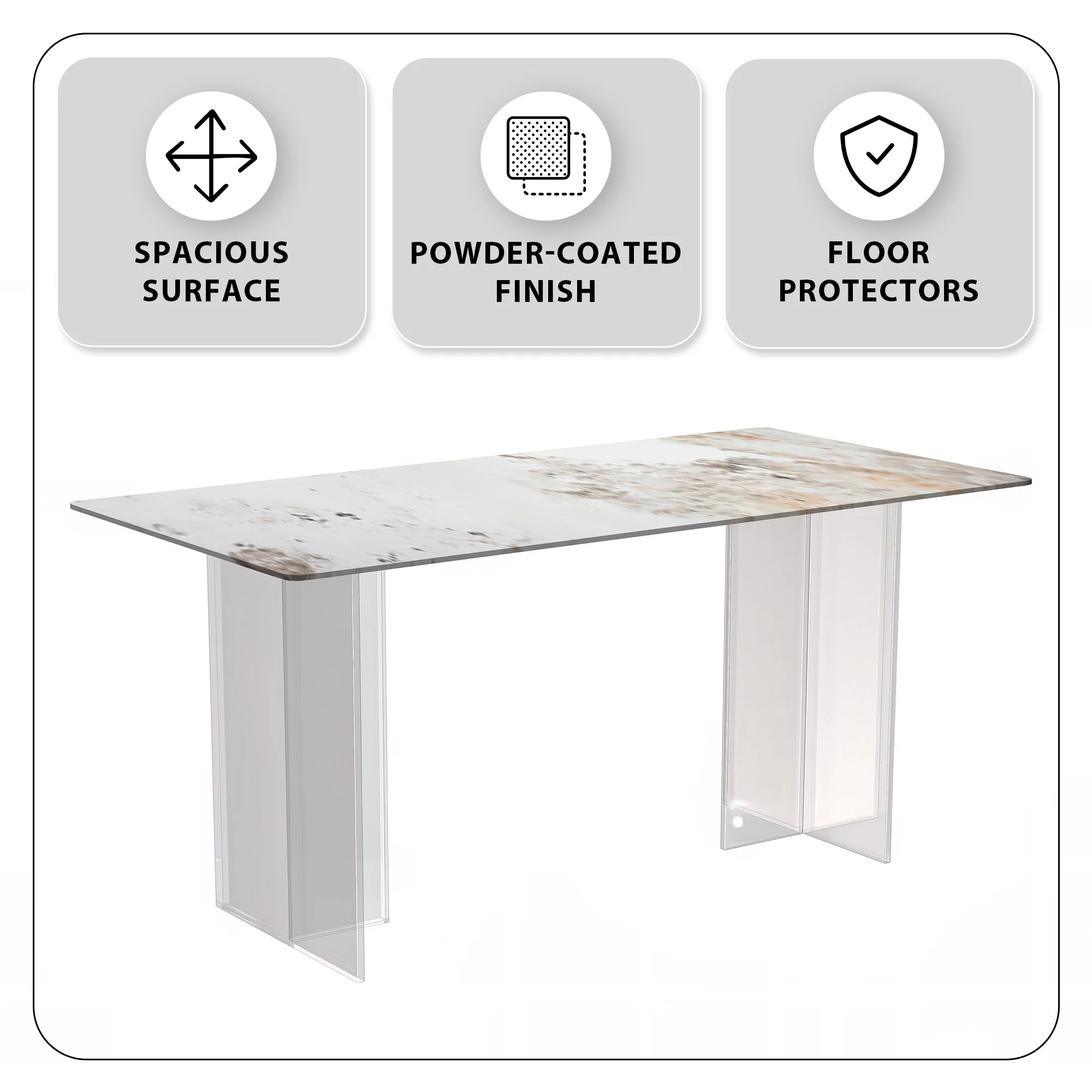 Kova Series Dining Table, Clear Base with 62" White Grey Sintered Stone Top