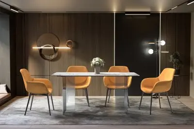 Kova Series Dining Table, Clear Base with 62" White Grey Sintered Stone Top