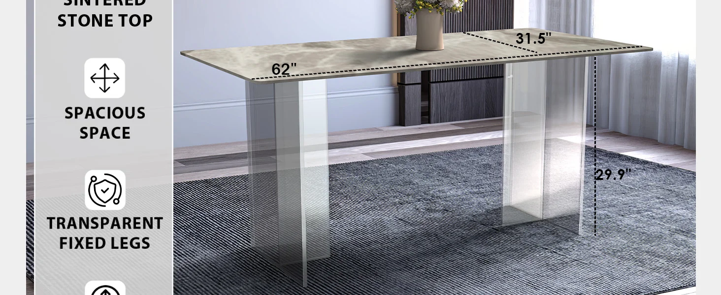 Kova Series Dining Table, Clear Base with 62" Deep Grey Sintered Stone Top