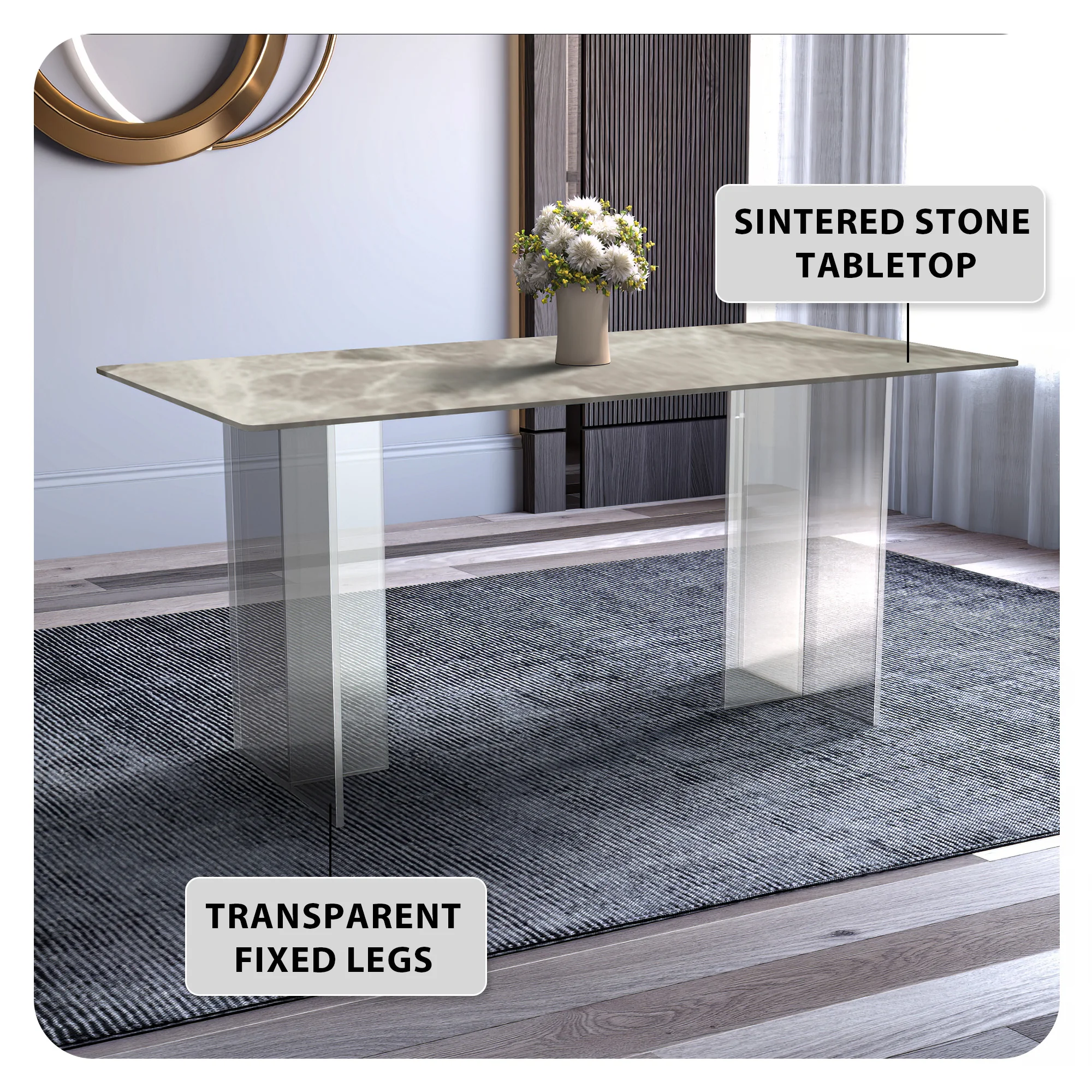 Kova Series Dining Table, Clear Base with 62" Deep Grey Sintered Stone Top