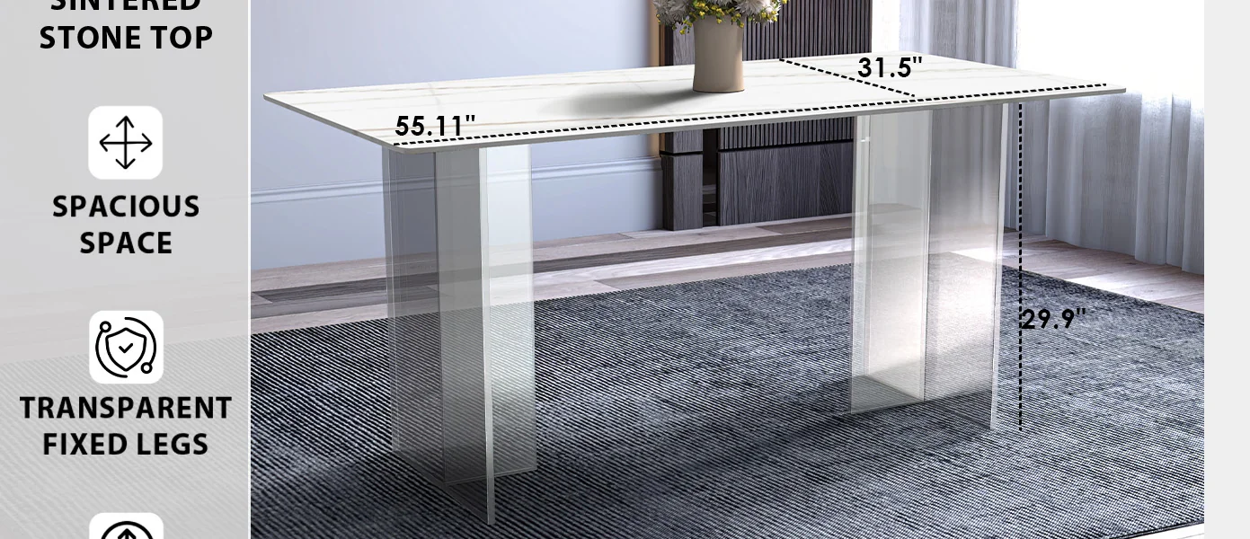 Kova Series Dining Table, Clear Base with 62" White/Gold Sintered Stone Top