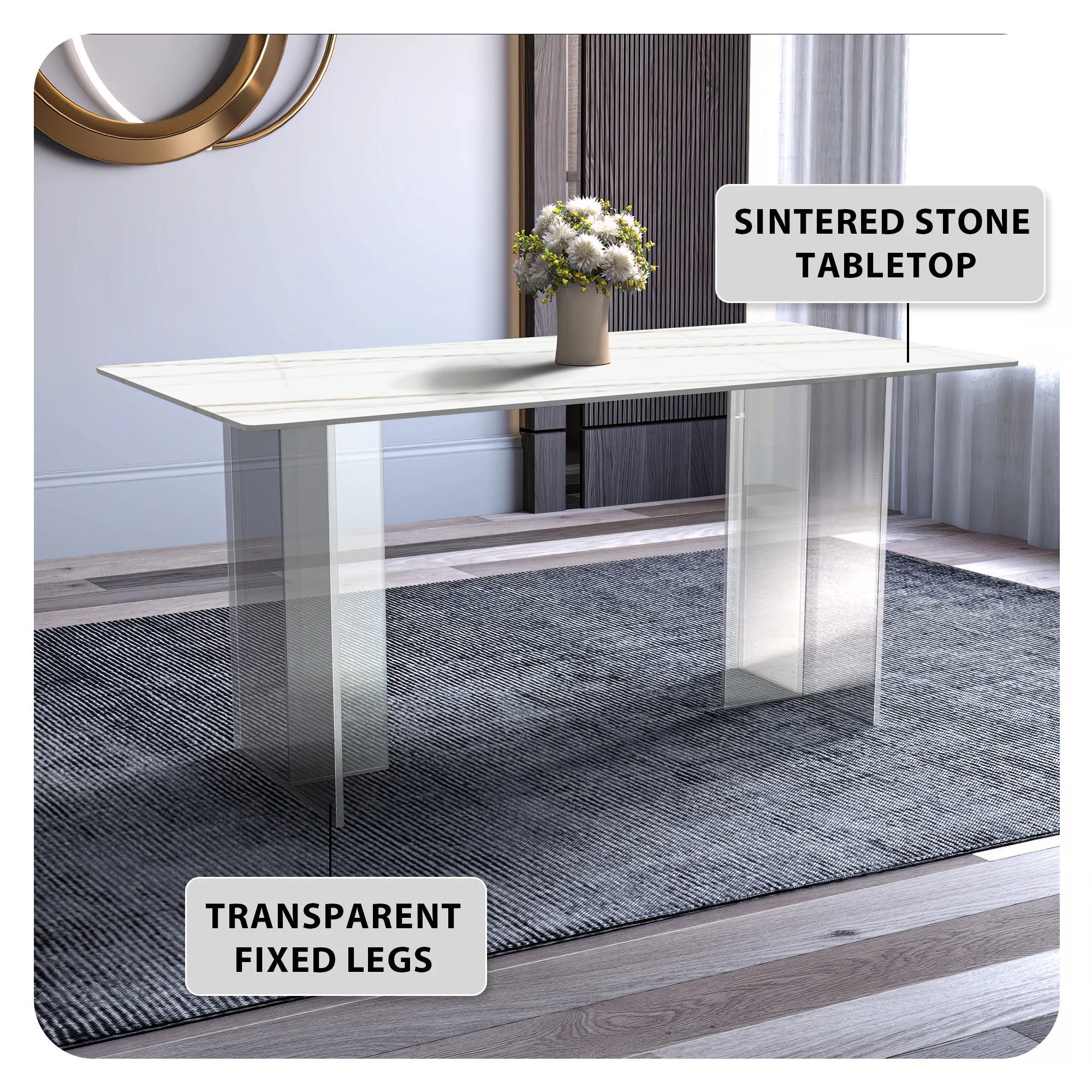 Kova Series Dining Table, Clear Base with 62" White/Gold Sintered Stone Top