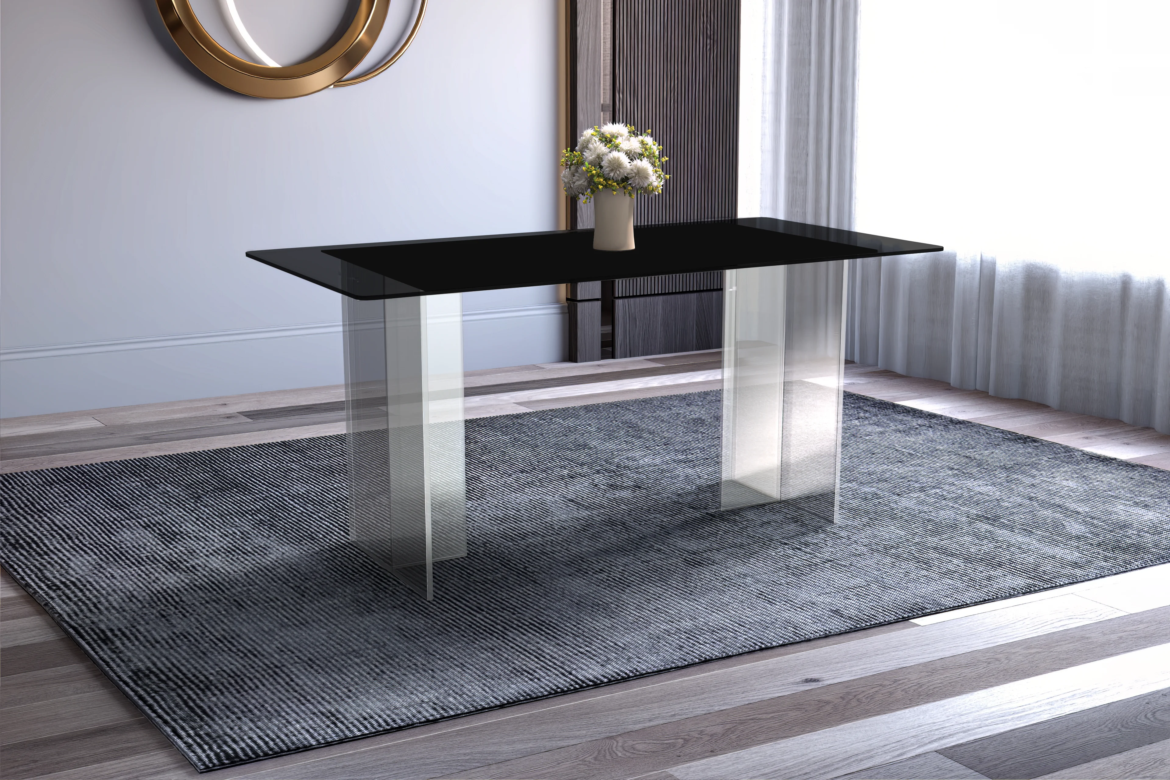 Kova Series Dining Table, Clear Base with 71" Black Glass Top