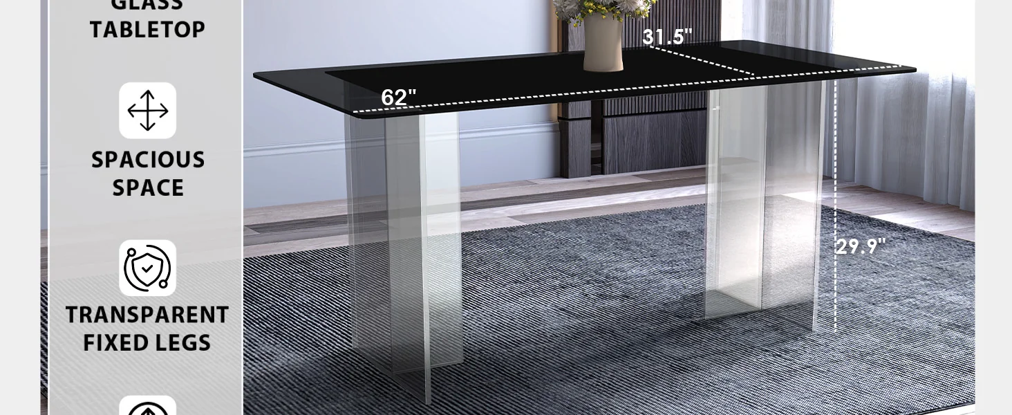 Kova Series Dining Table, Clear Base with 71" Black Glass Top