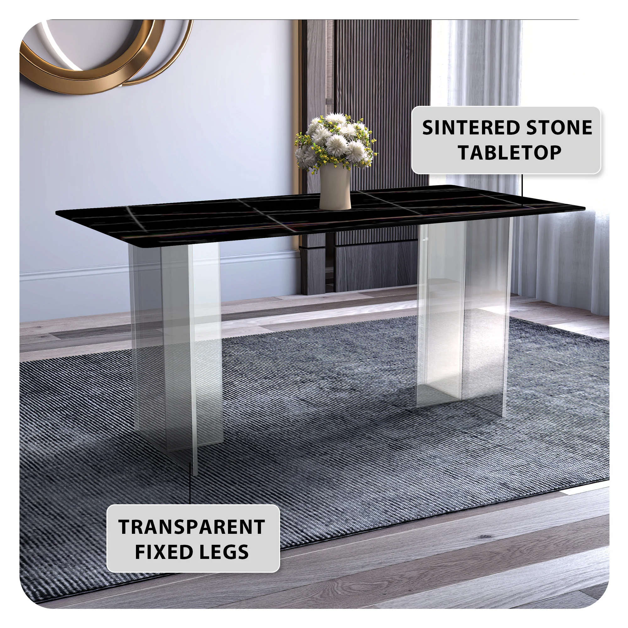 Kova Series Dining Table, Clear Base with 71" Black/Gold Sintered Stone Top
