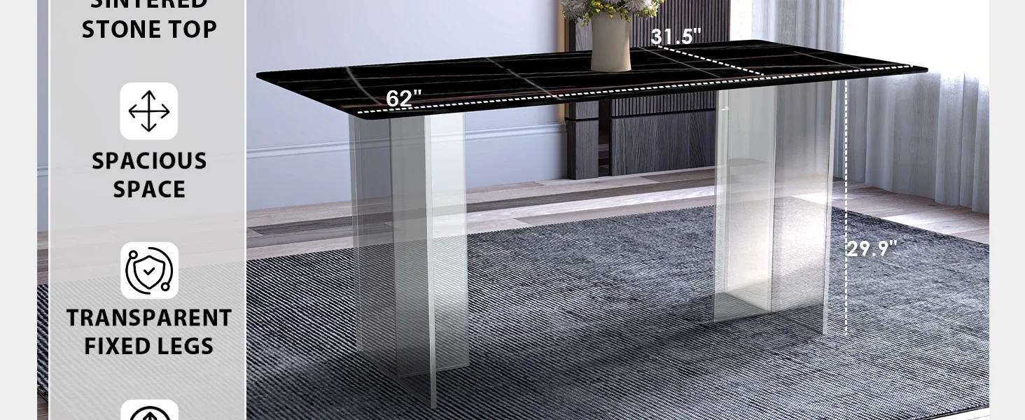 Kova Series Dining Table, Clear Base with 71" Black/Gold Sintered Stone Top