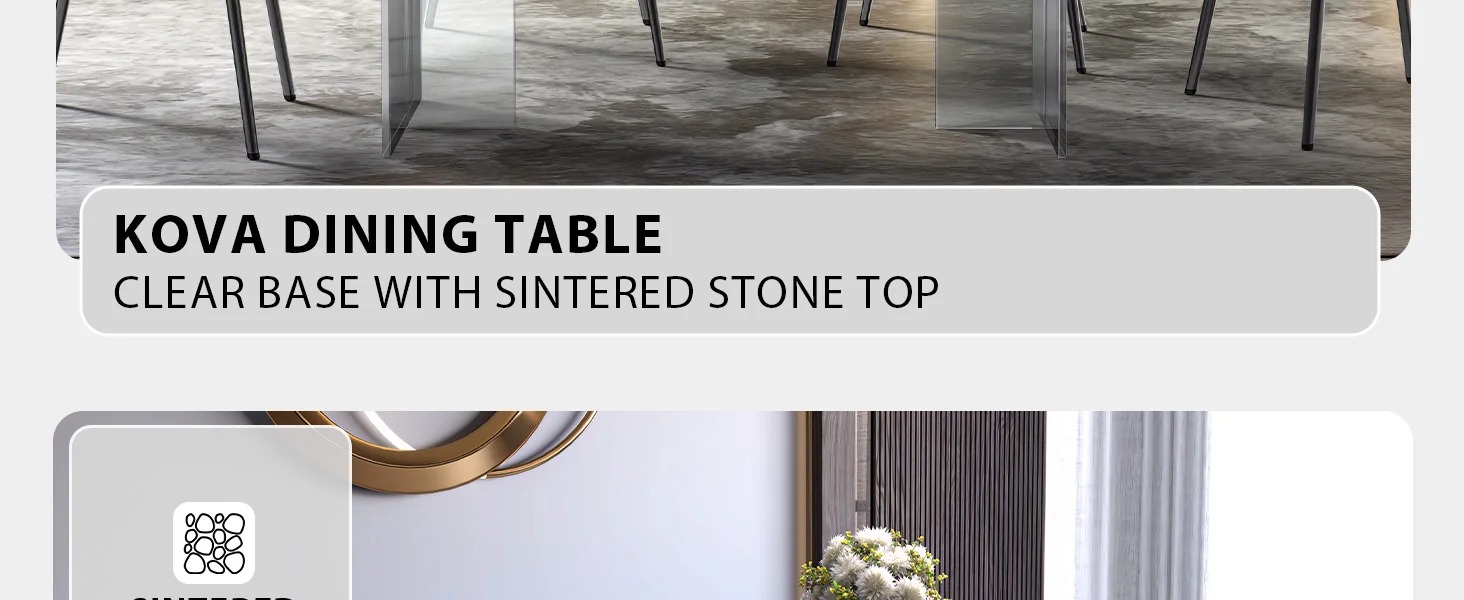 Kova Series Dining Table, Clear Base with 71" White Grey Sintered Stone Top