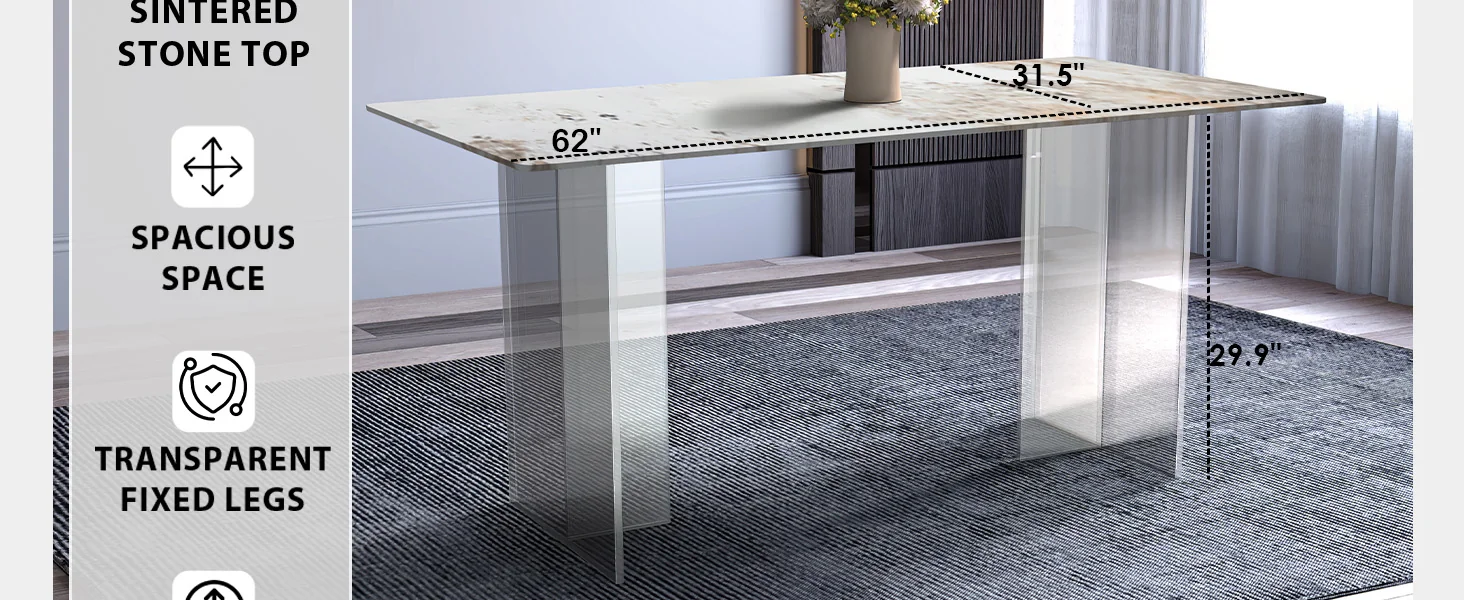 Kova Series Dining Table, Clear Base with 71" White Grey Sintered Stone Top