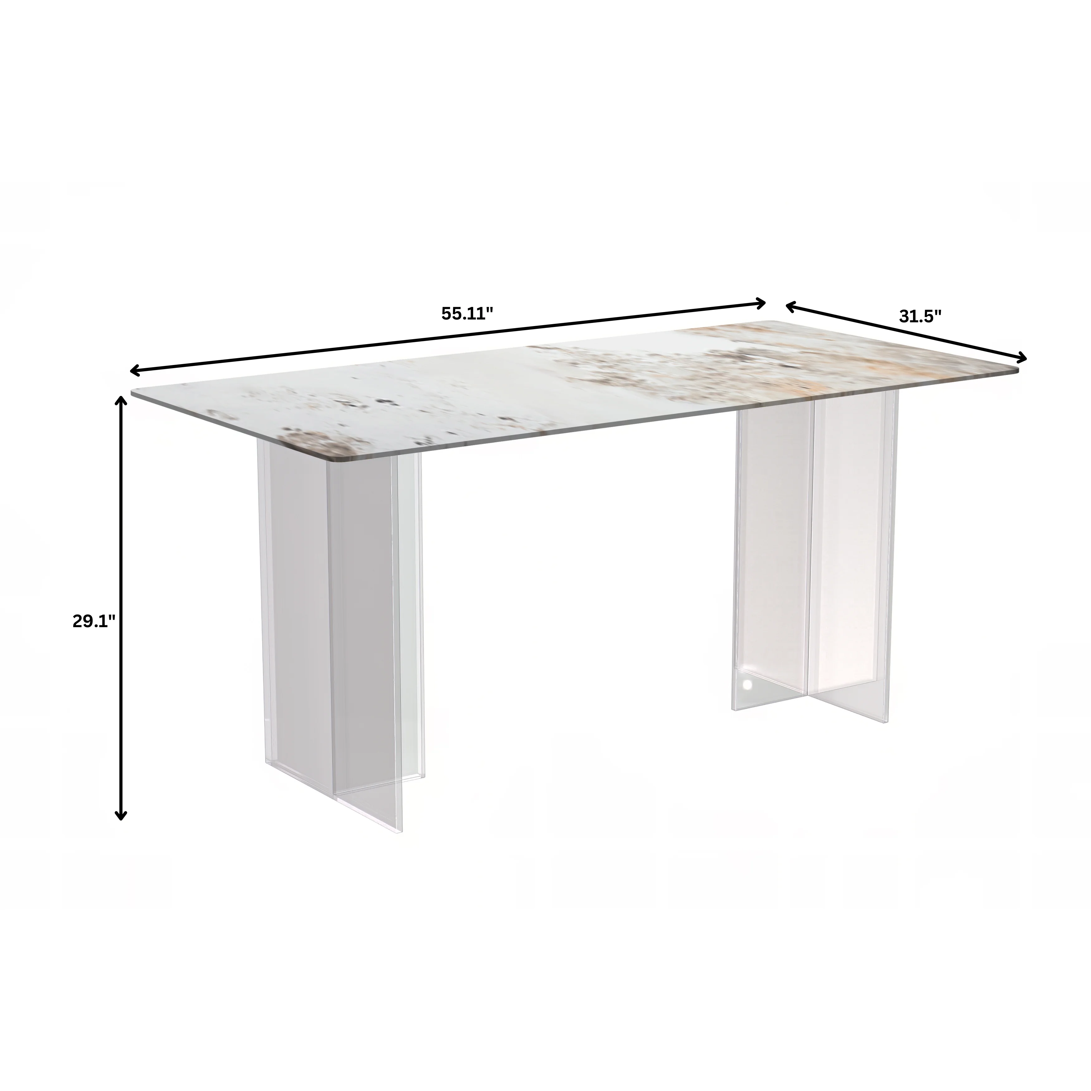 Kova Series Dining Table, Clear Base with 71" White Grey Sintered Stone Top
