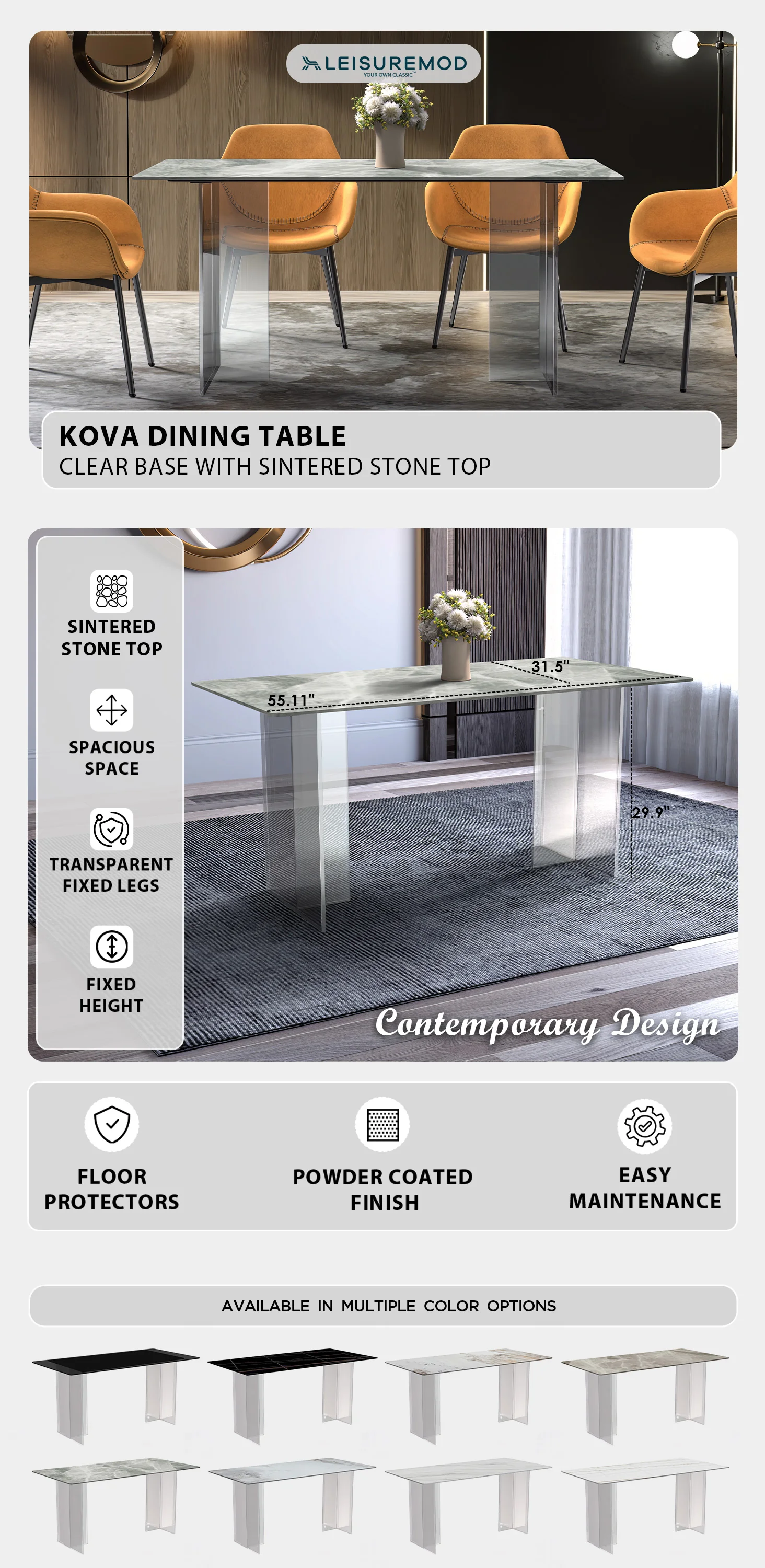 Kova Series Dining Table, Clear Base with 71" Light Grey Sintered Stone Top