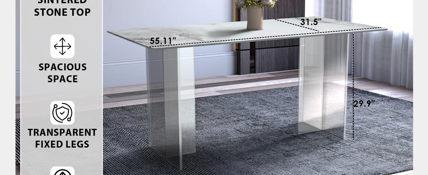 Kova Series Dining Table, Clear Base with 71" Medium Grey Sintered Stone Top