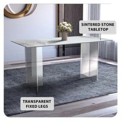 Kova Series Dining Table, Clear Base with 71" Medium Grey Sintered Stone Top