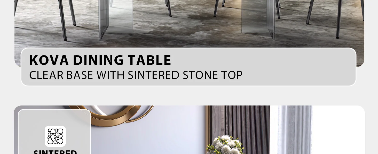 Kova Series Dining Table, Clear Base with 71" White Sintered Stone Top