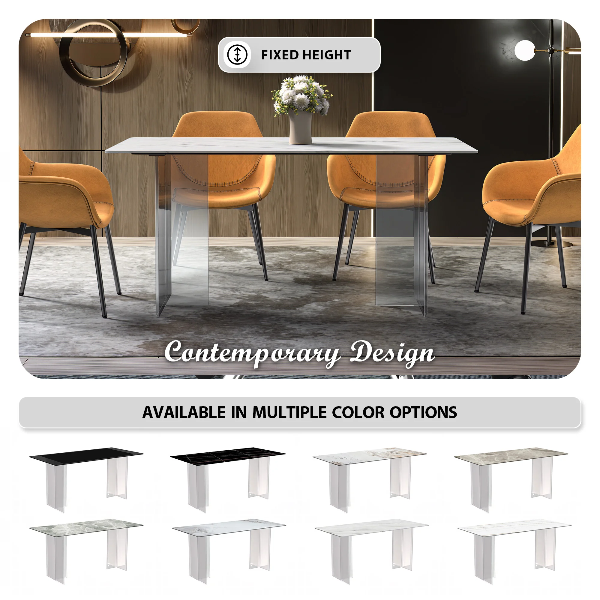 Kova Series Dining Table, Clear Base with 71" White Sintered Stone Top