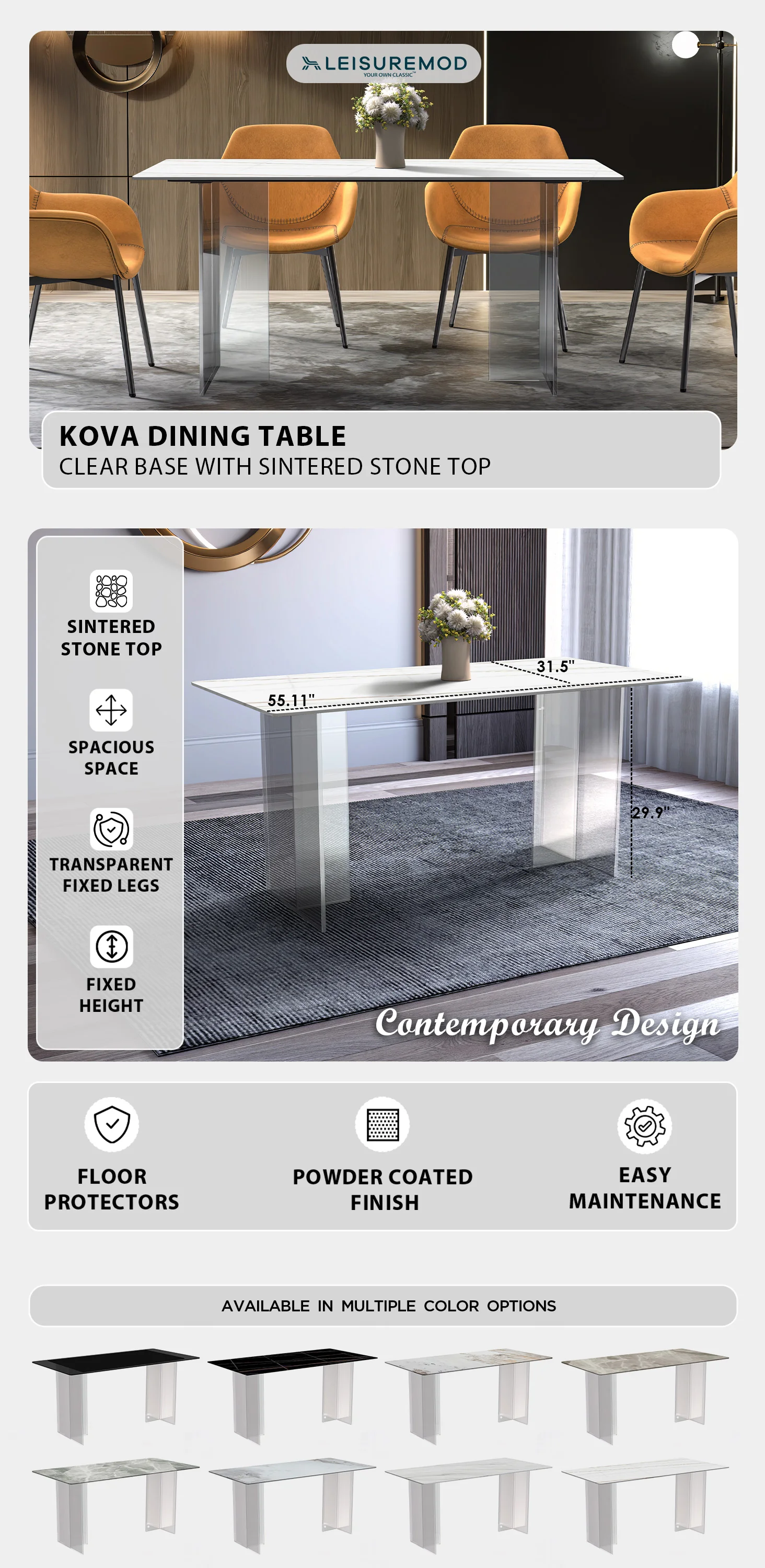 Kova Series Dining Table, Clear Base with 71" White/Gold Sintered Stone Top