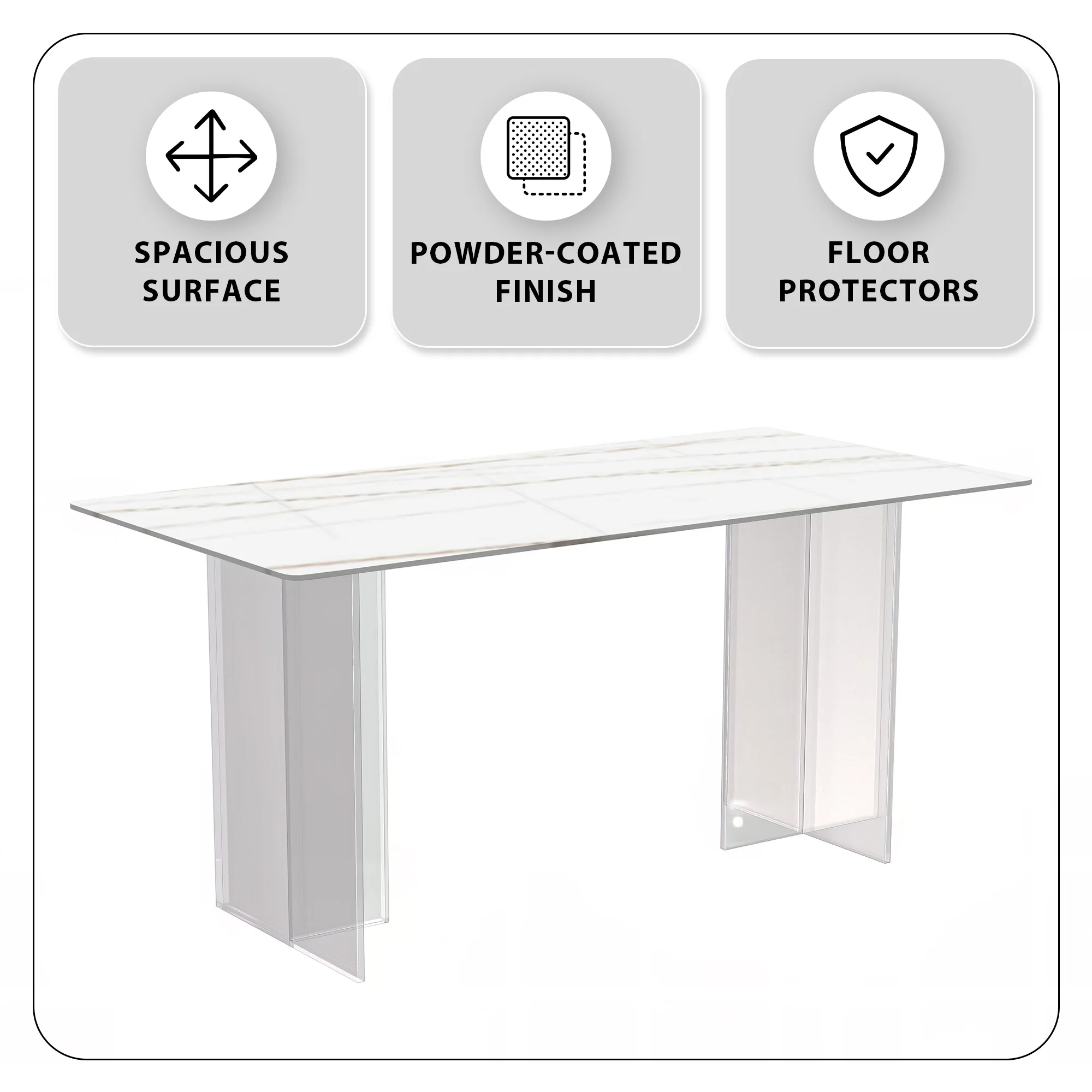 Kova Series Dining Table, Clear Base with 71" White/Gold Sintered Stone Top