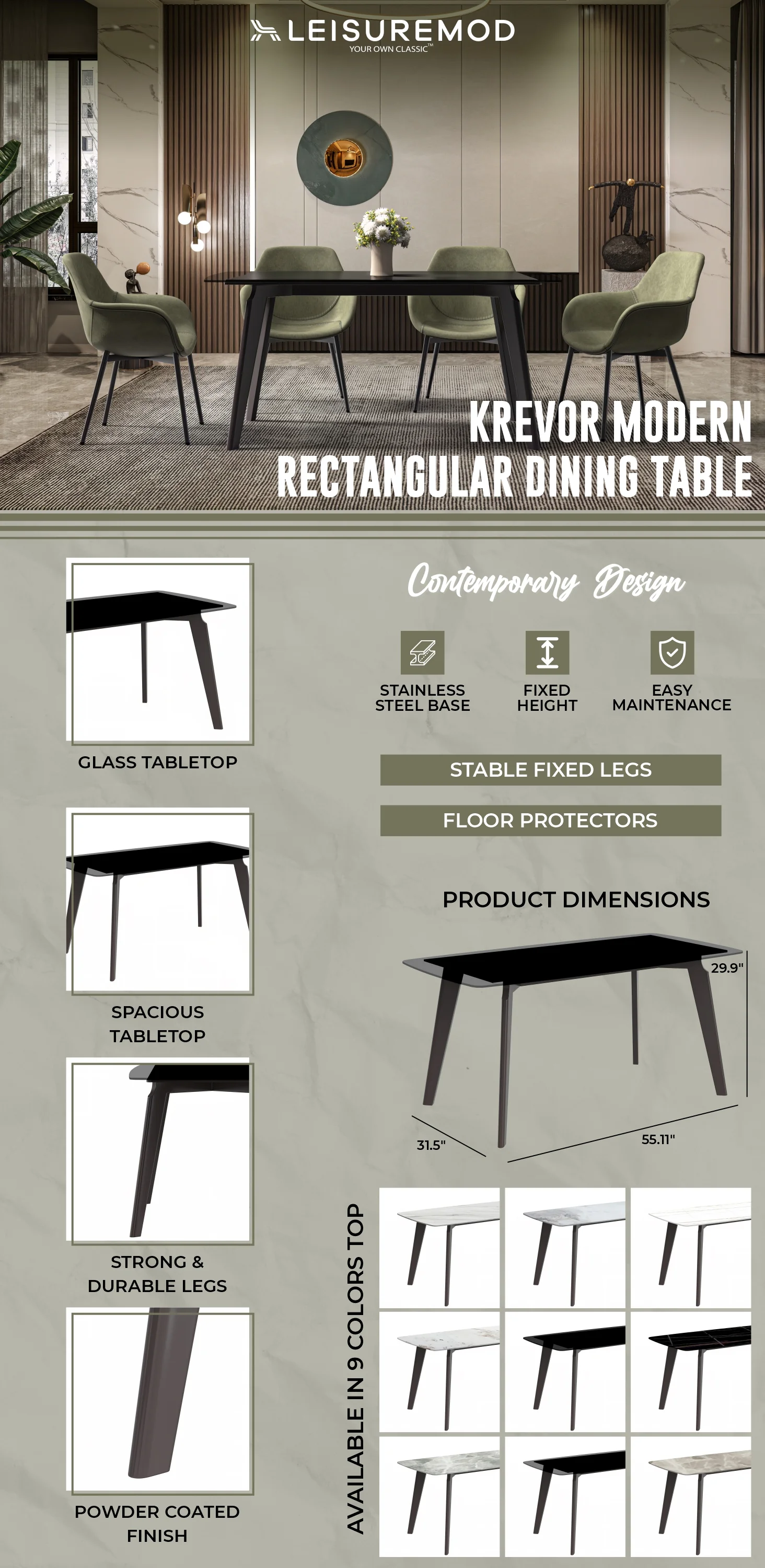 Krevor Series Modern Dining Table Silver Base, With 55 Clear Glass Top