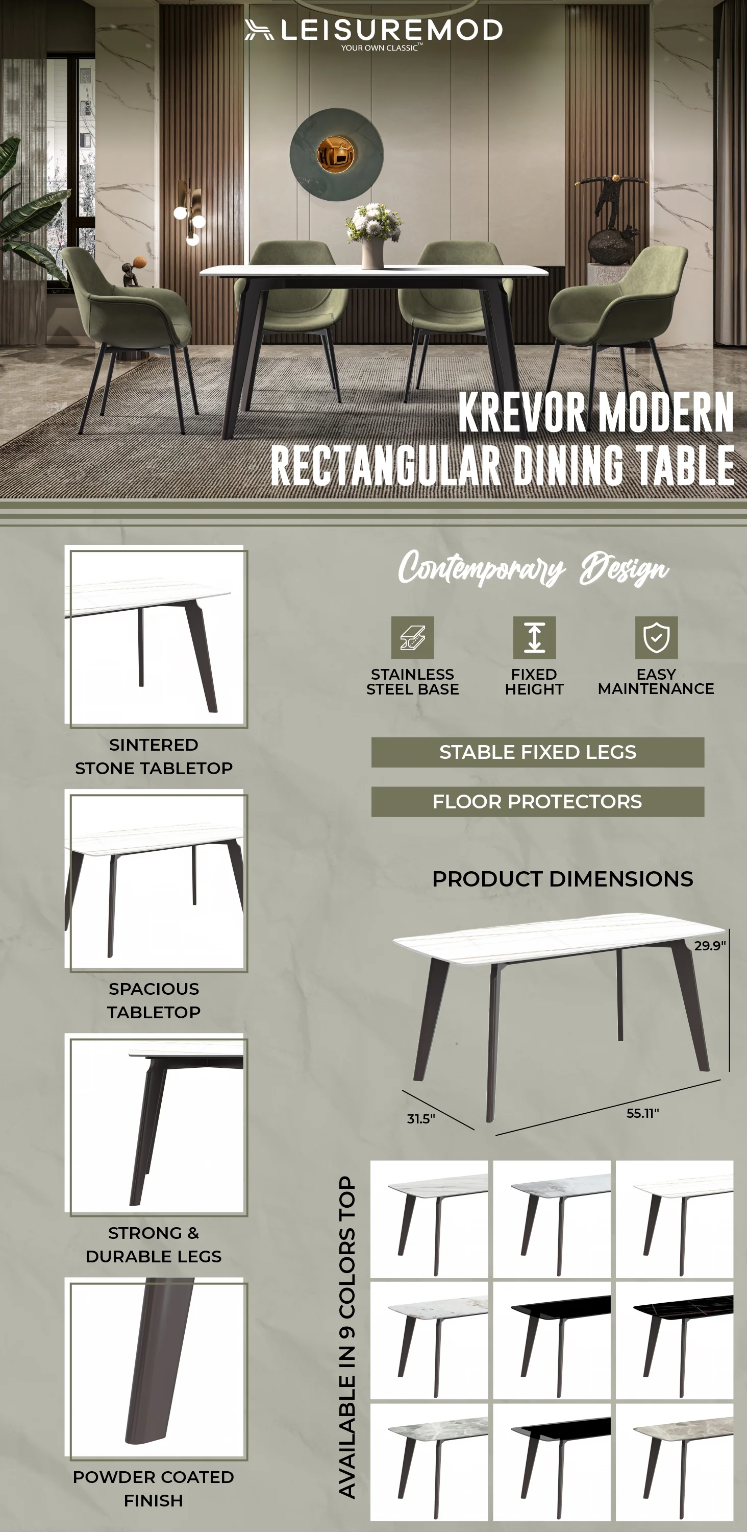 Krevor Series Modern Dining Table Silver Base, With 55 White/Gold Sintered Stone Top