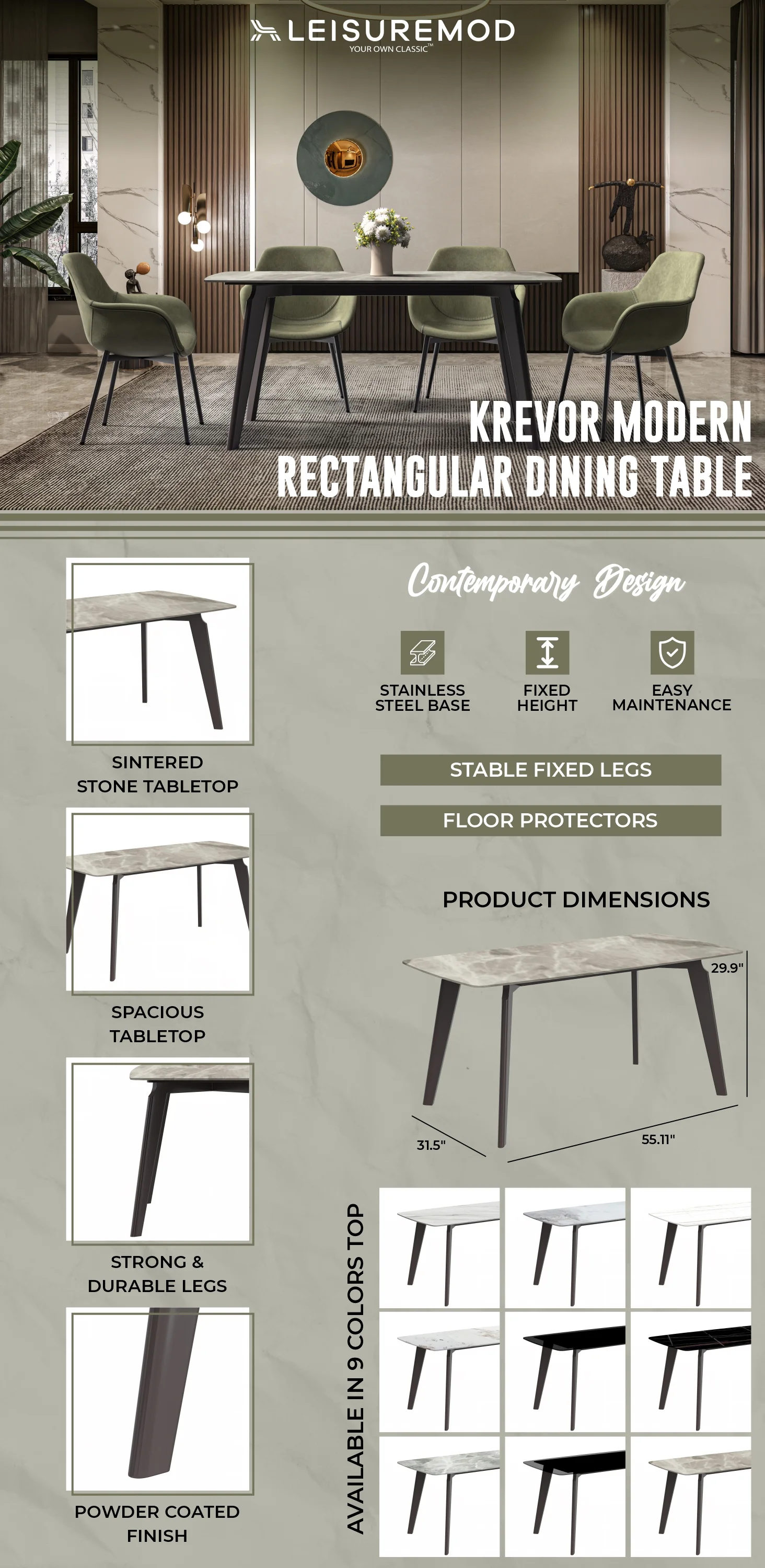 Krevor Series Modern Dining Table Silver Base, With 62 Deep Grey Sintered Stone Top