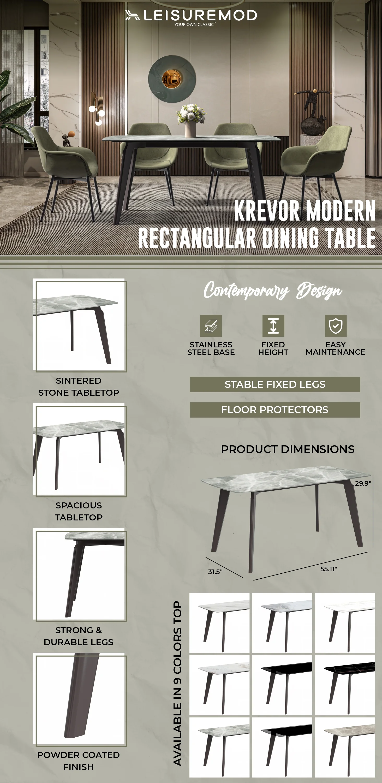 Krevor Series Modern Dining Table Silver Base, With 62 Light Grey Sintered Stone Top