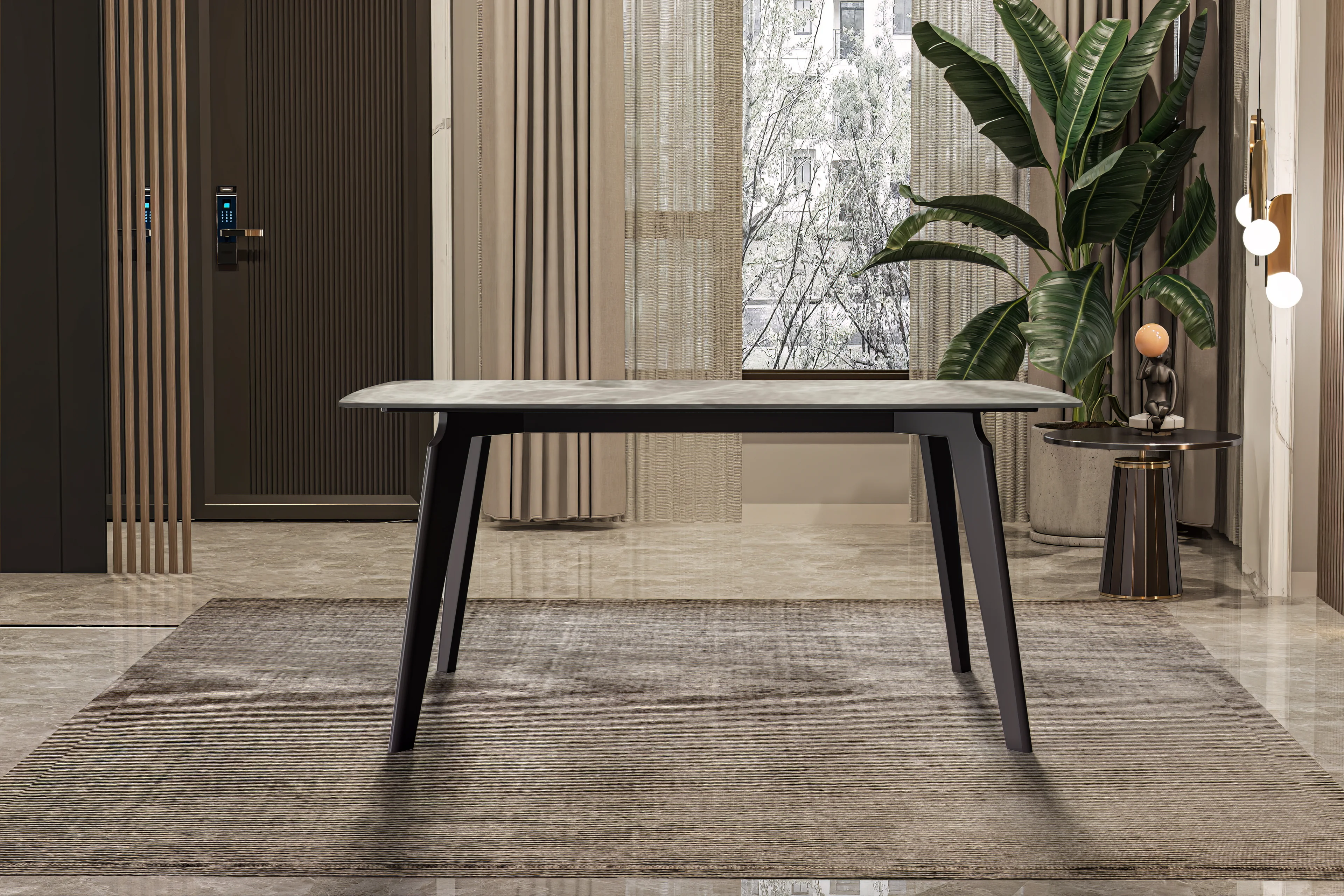 Krevor Series Modern Dining Table Silver Base, With 71 Deep Grey Sintered Stone Top