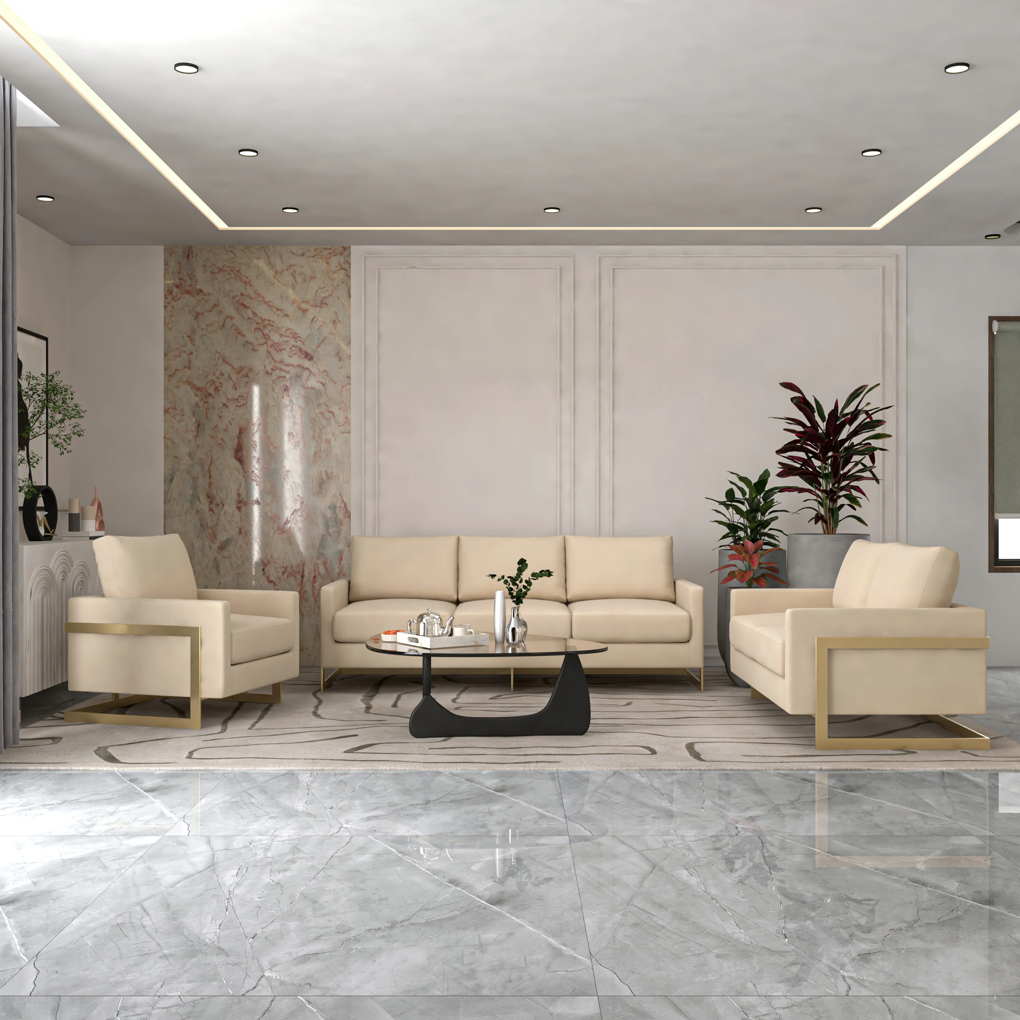 Lincoln 3-Piece Velvet Living Room Sofa Set With Gold Frame