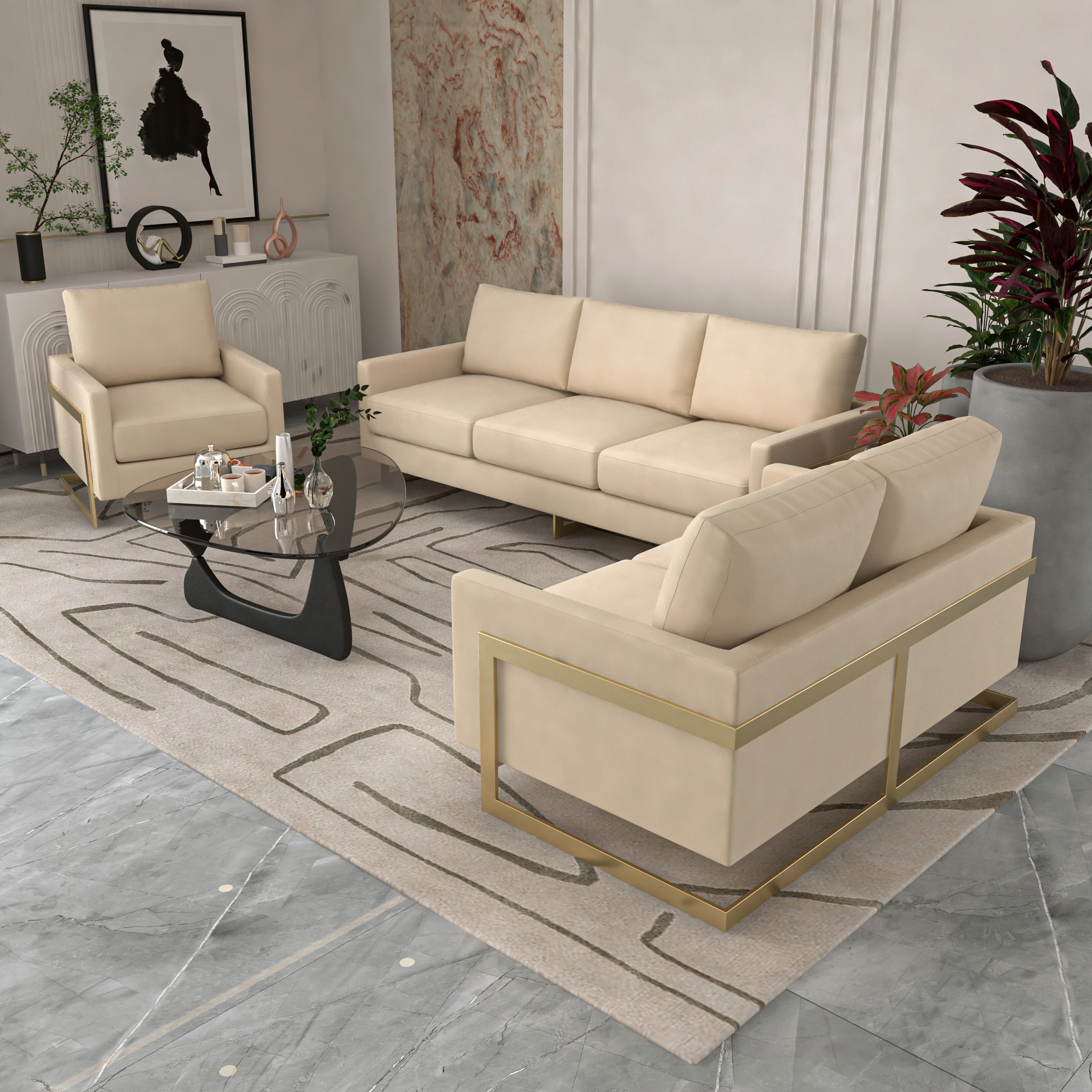 Lincoln 3-Piece Velvet Living Room Sofa Set With Gold Frame