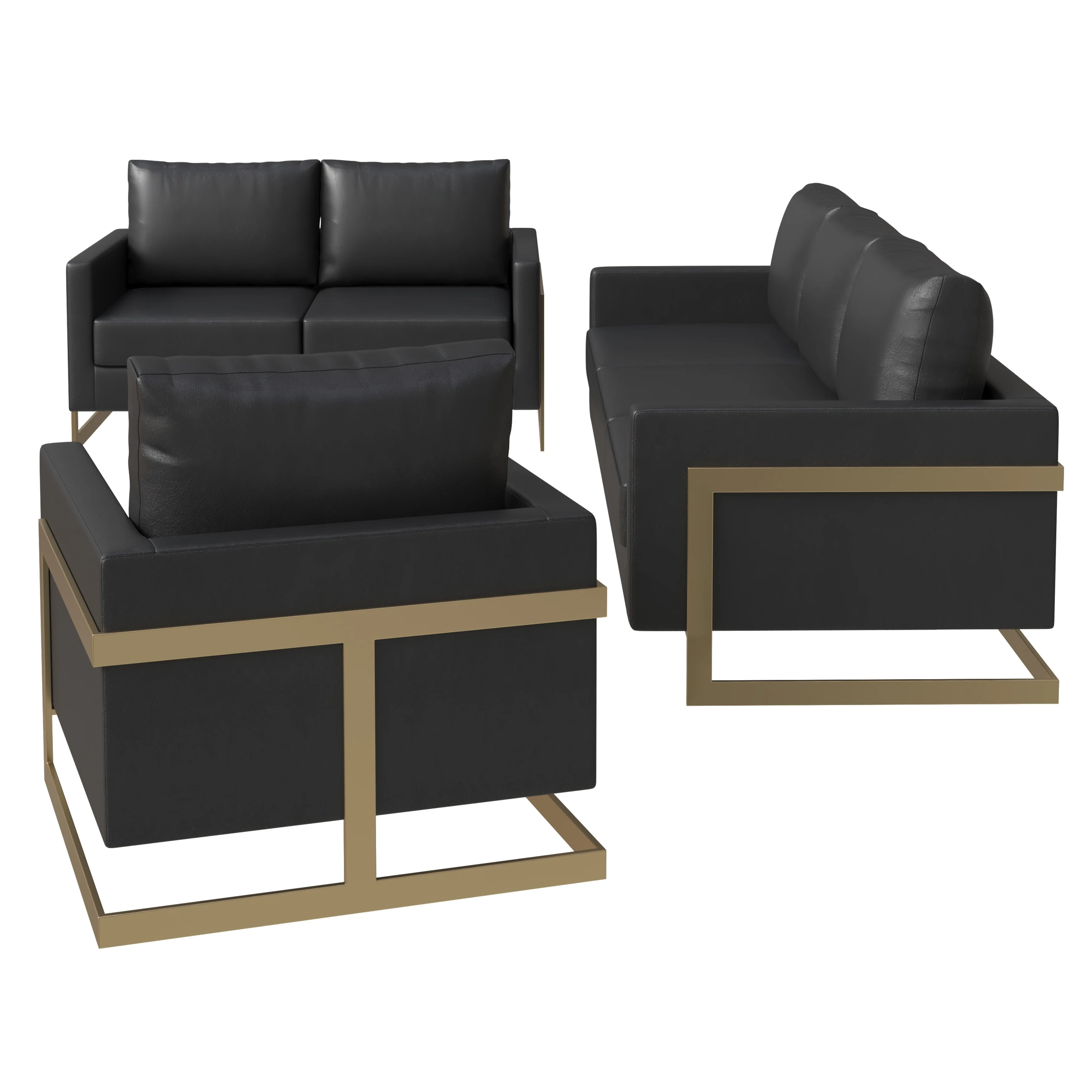 Lincoln 3-Piece Velvet Living Room Sofa Set With Gold Frame Black