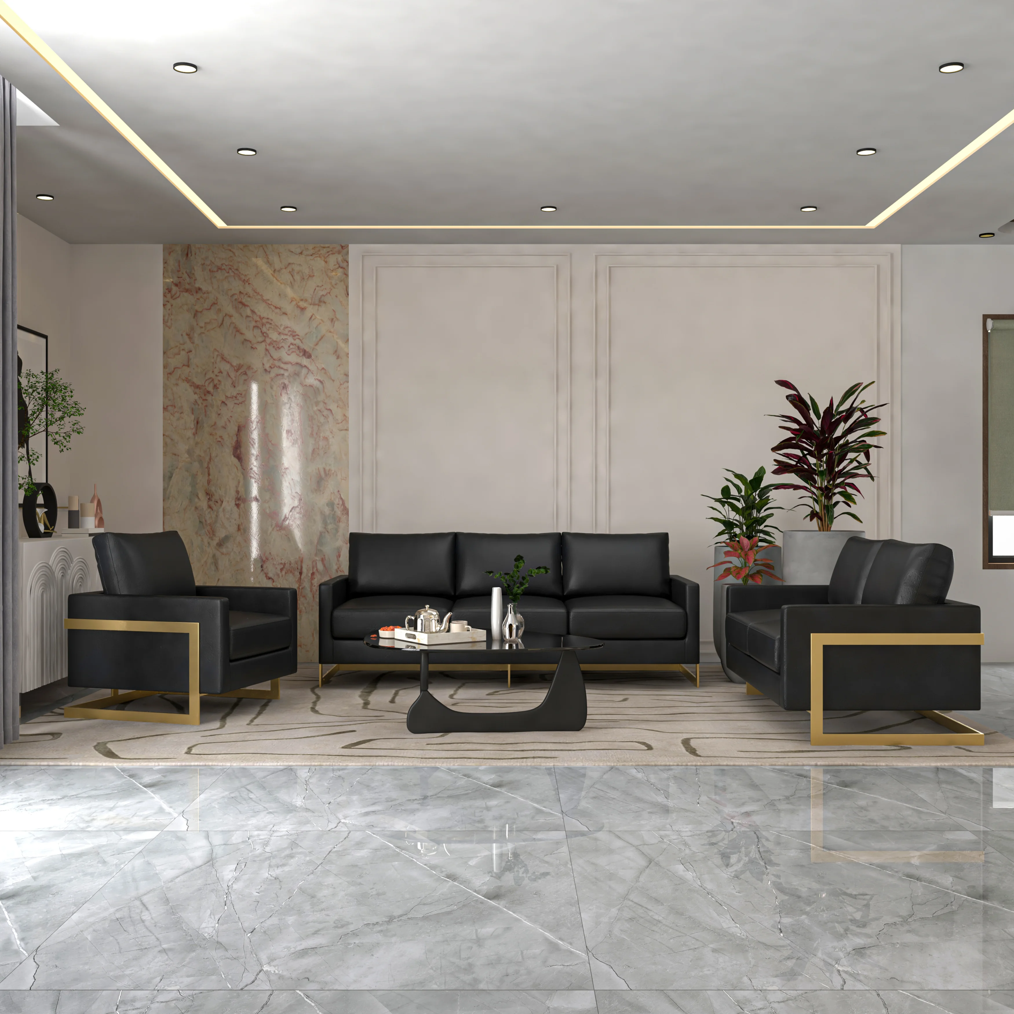 Lincoln 3-Piece Velvet Living Room Sofa Set With Gold Frame Black