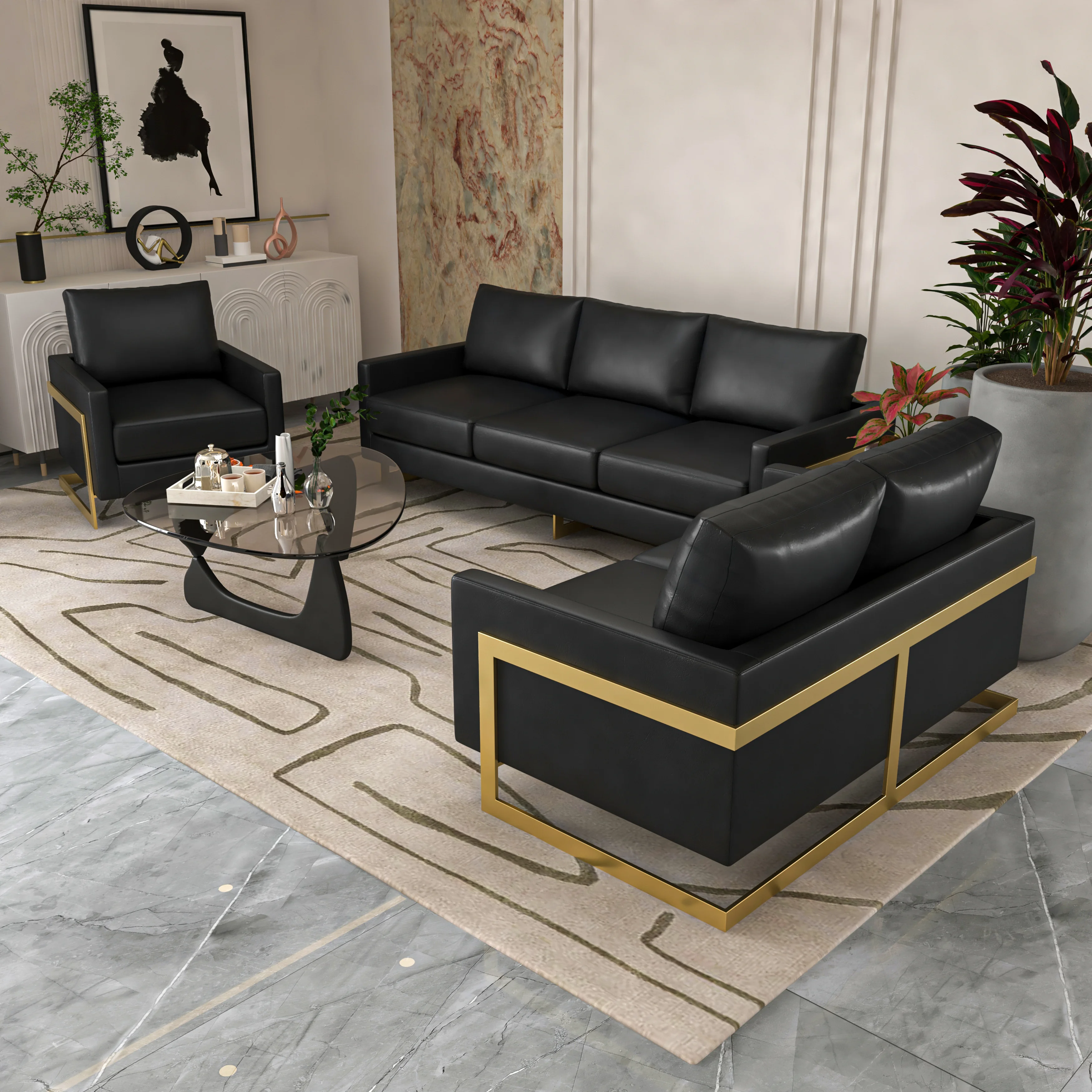 Lincoln 3-Piece Velvet Living Room Sofa Set With Gold Frame Black
