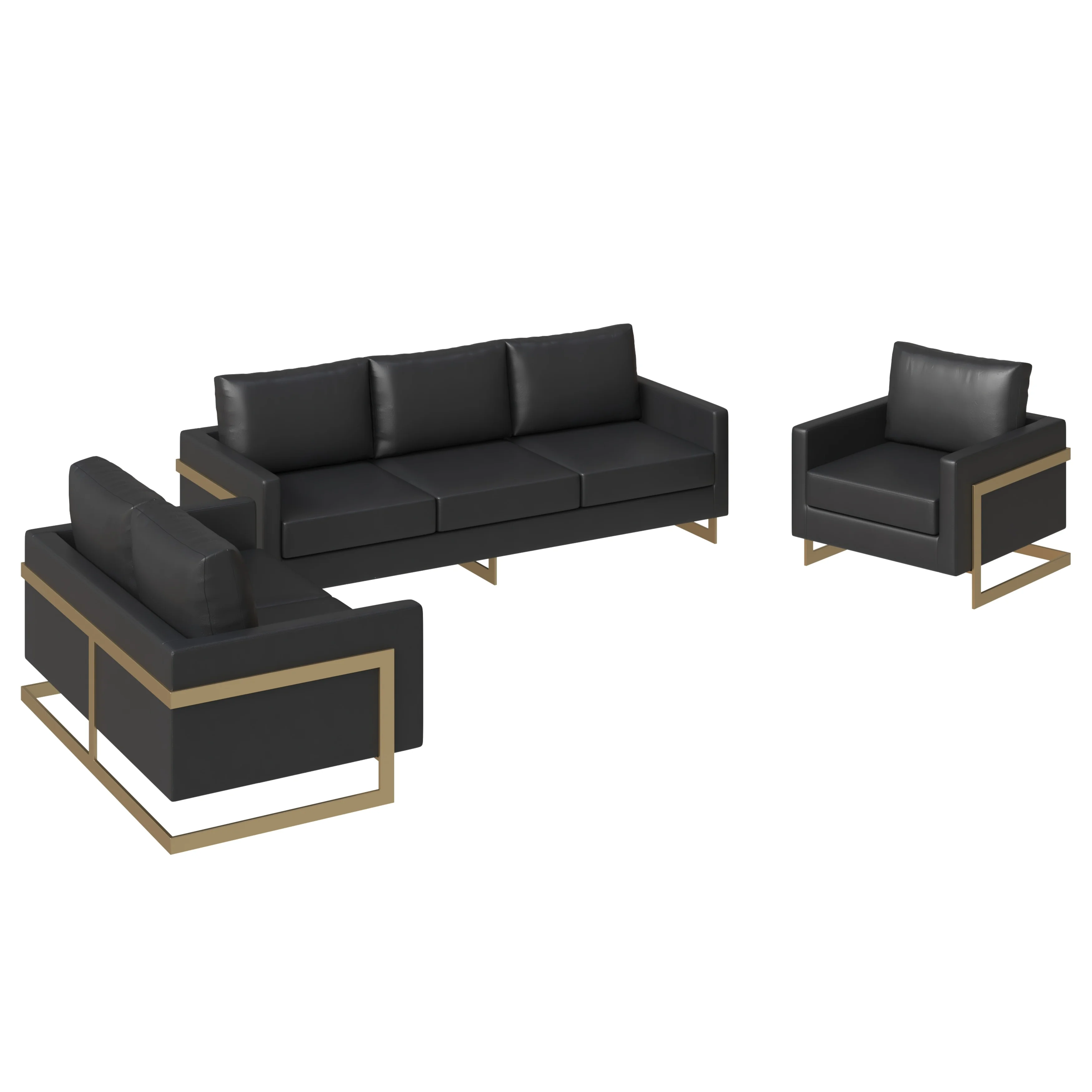 Lincoln 3-Piece Velvet Living Room Sofa Set With Gold Frame Black