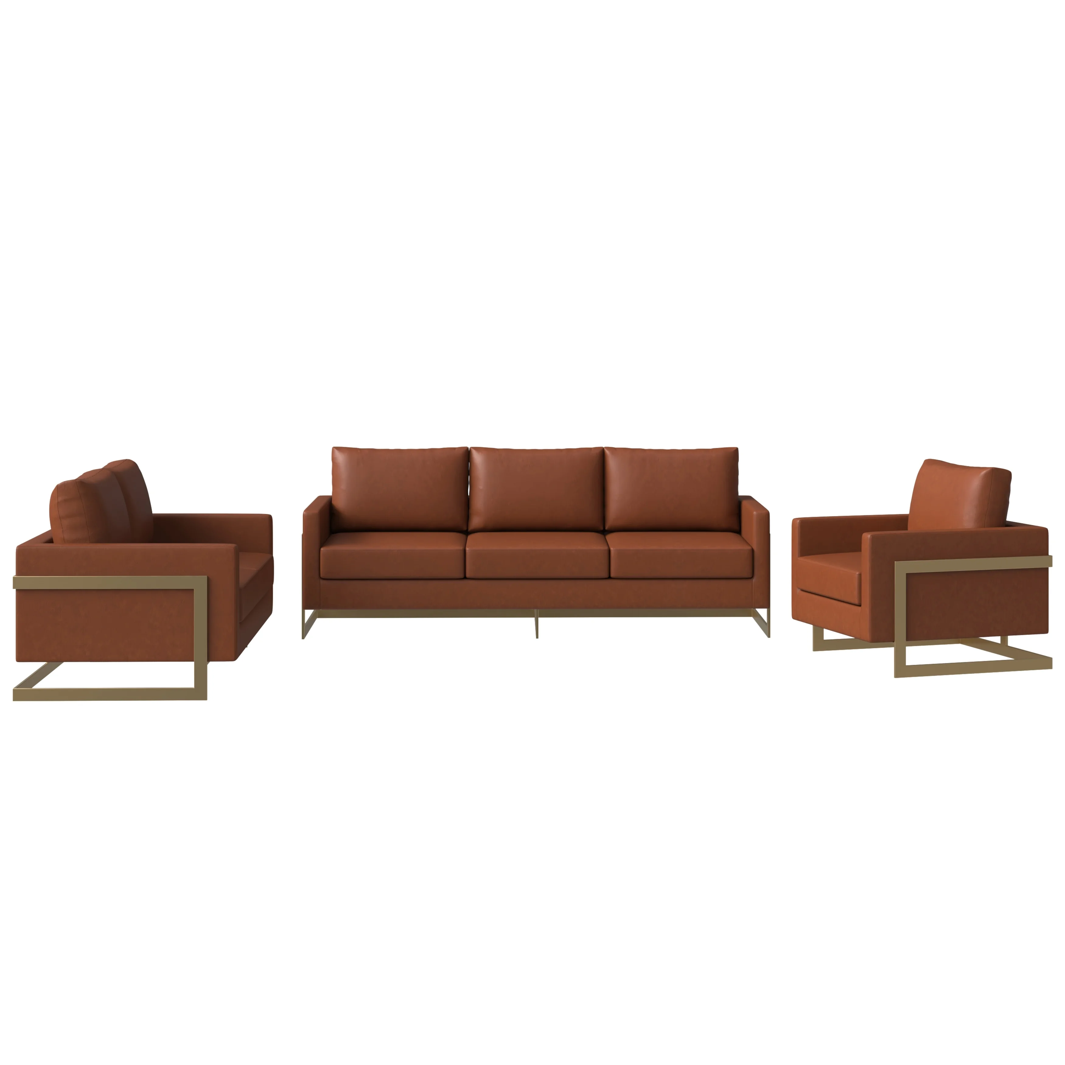 Lincoln 3-Piece Velvet Living Room Sofa Set With Gold Frame Cognac Tan