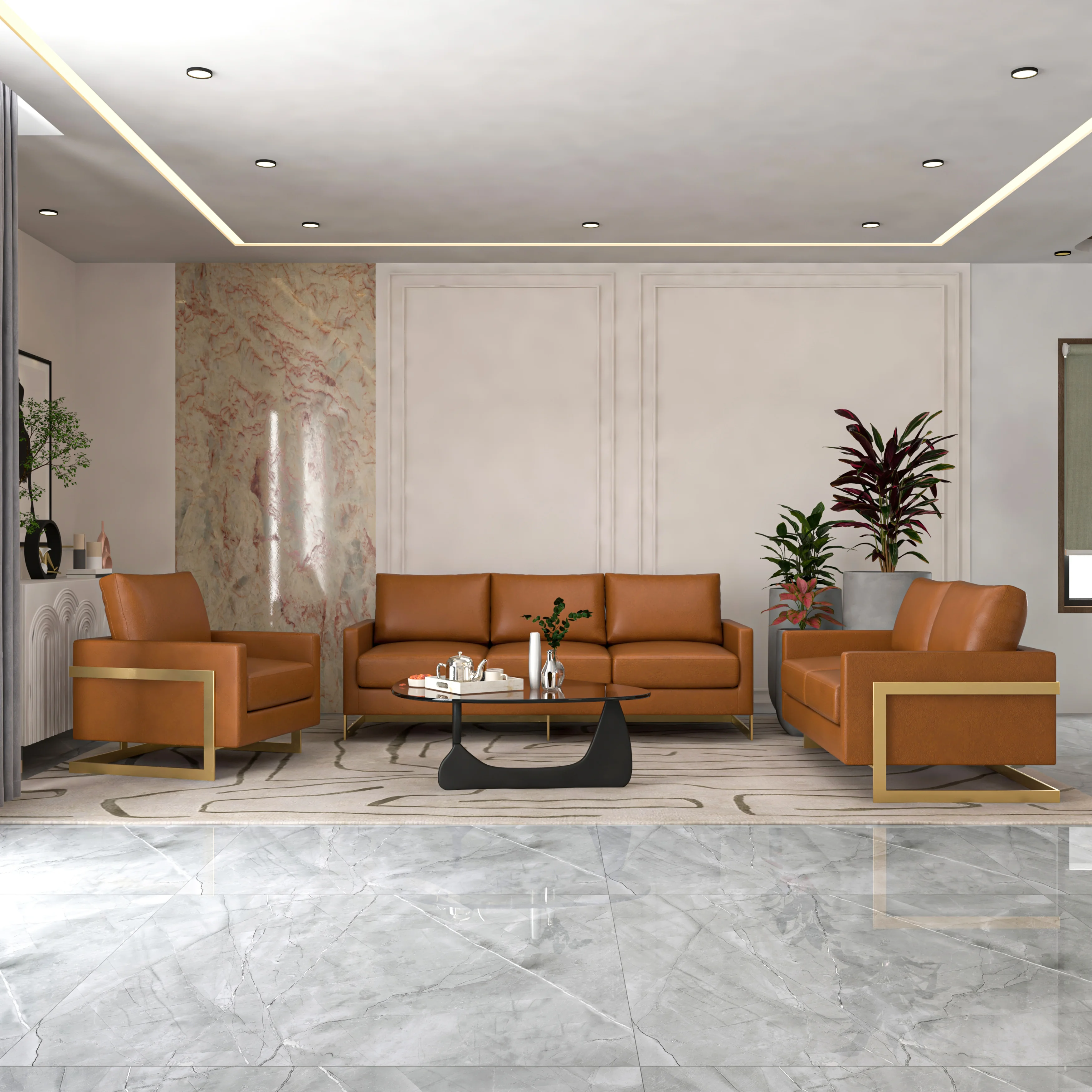 Lincoln 3-Piece Velvet Living Room Sofa Set With Gold Frame Cognac Tan