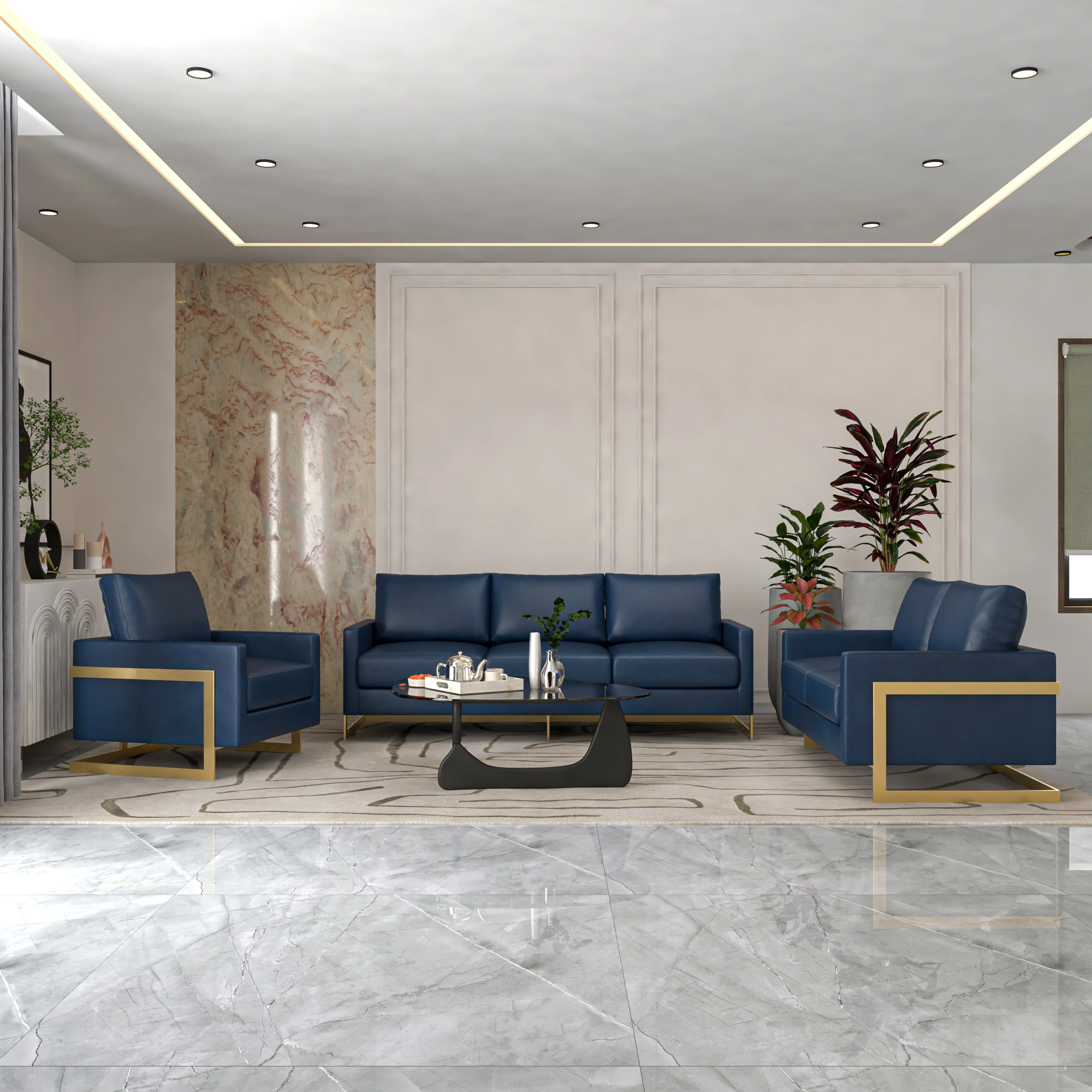 Lincoln 3-Piece Velvet Living Room Sofa Set With Gold Frame Navy Blue