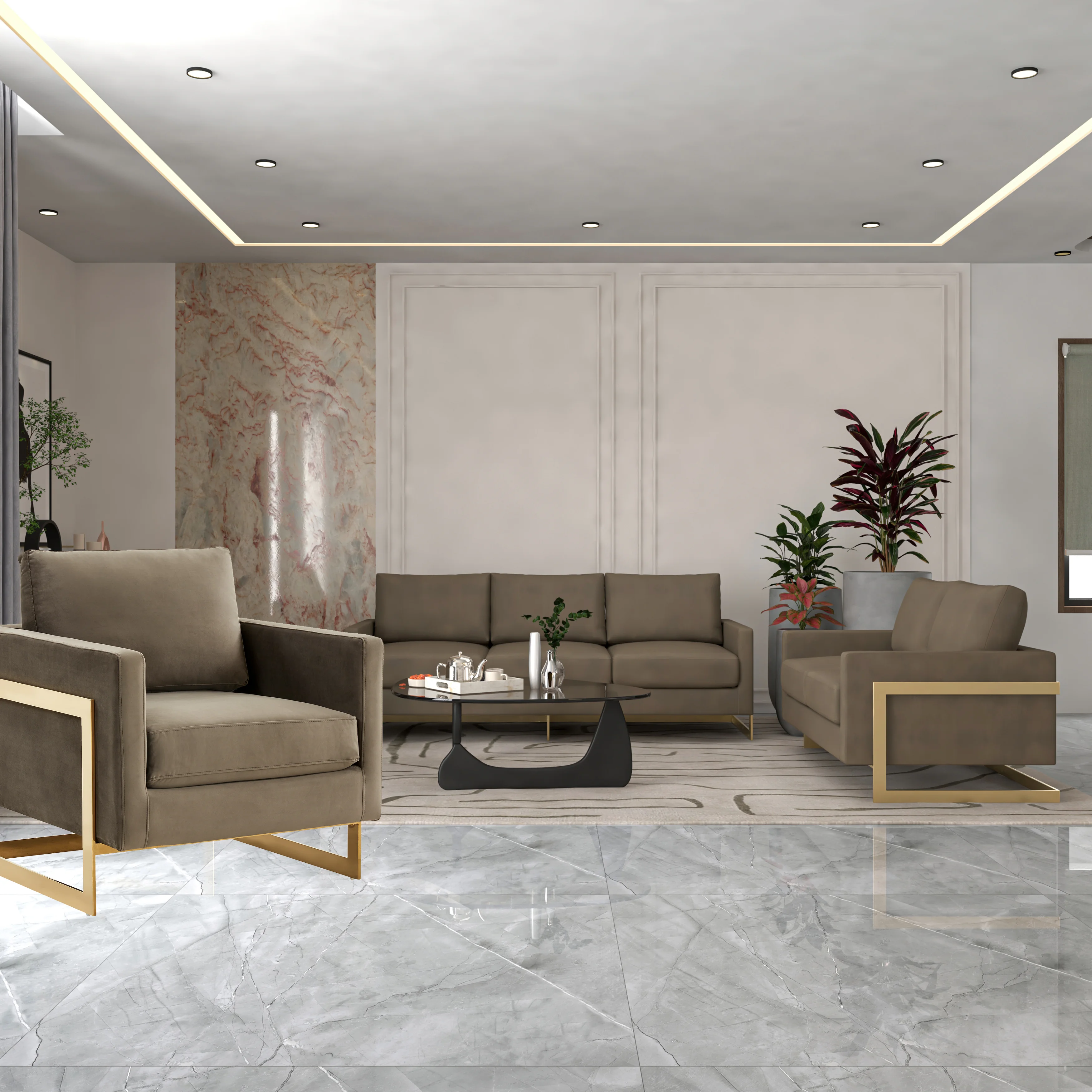 Lincoln 3-Piece Velvet Living Room Sofa Set With Gold Frame