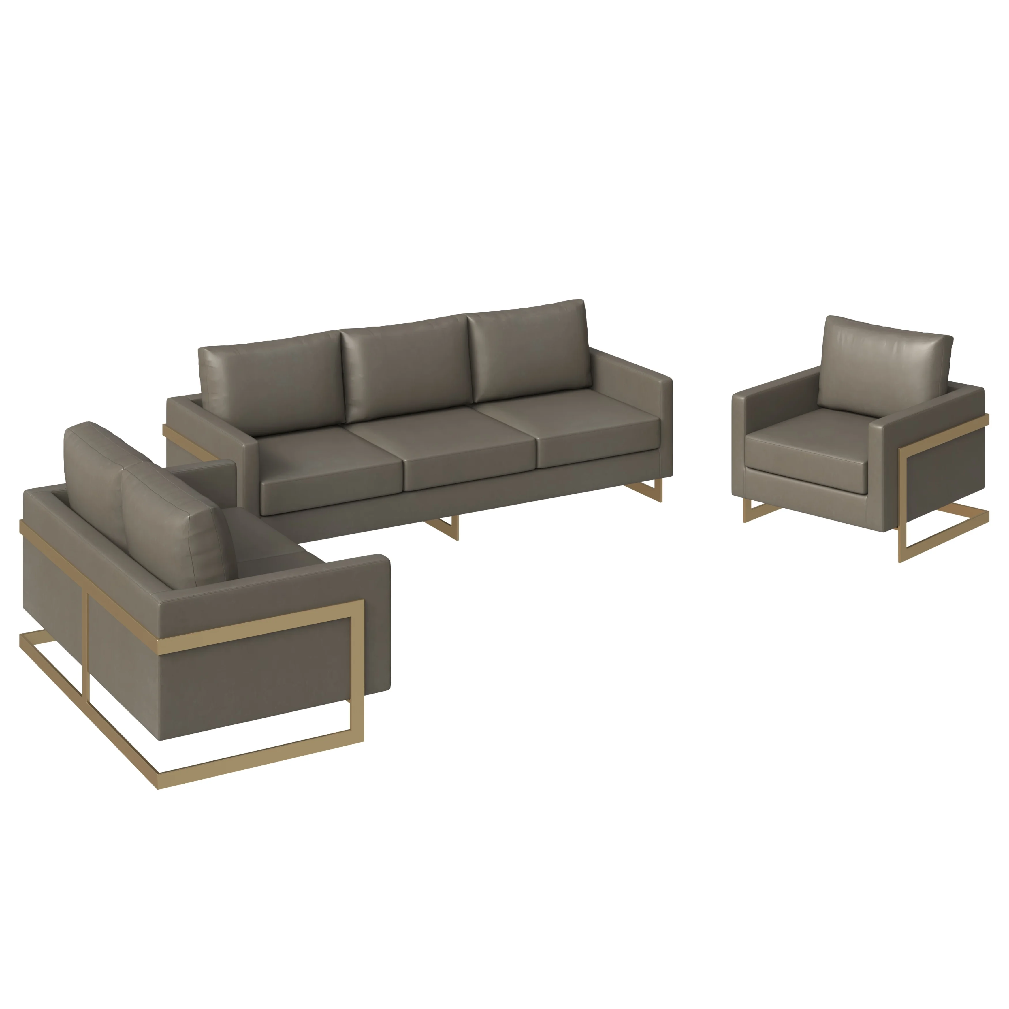 Lincoln 3-Piece Velvet Living Room Sofa Set With Gold Frame Grey
