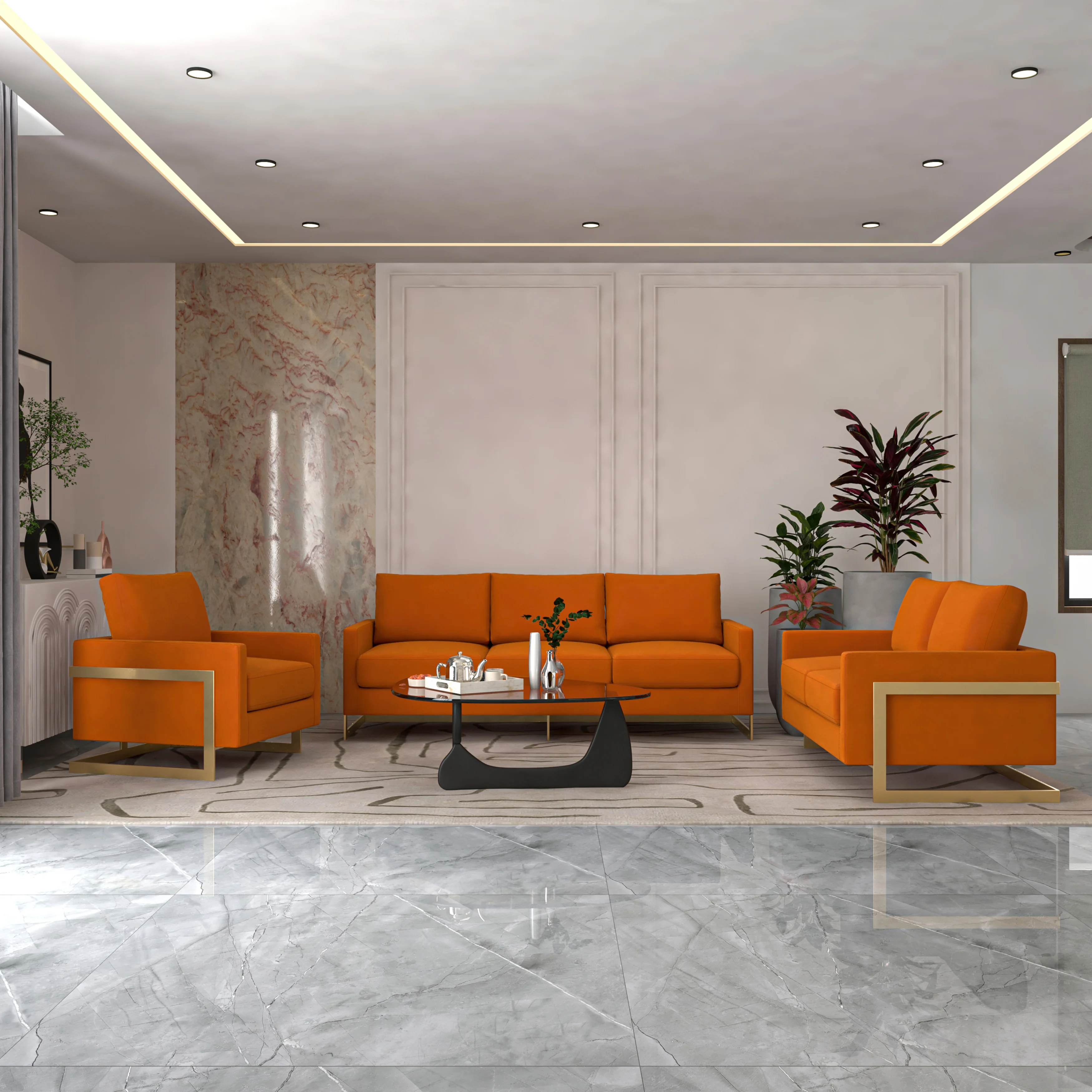 Lincoln 3-Piece Velvet Living Room Sofa Set With Gold Frame