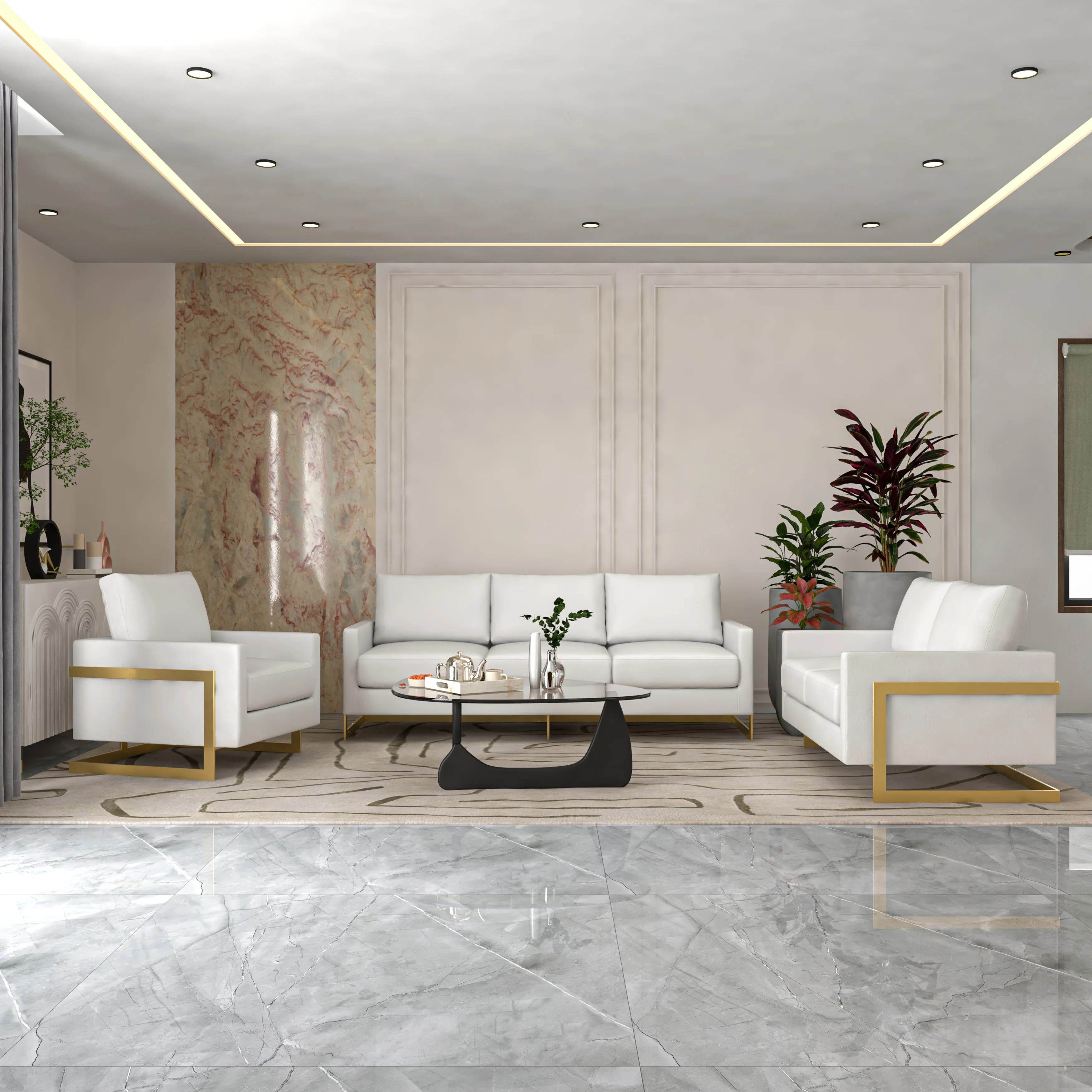 Lincoln 3-Piece Velvet Living Room Sofa Set With Gold Frame White