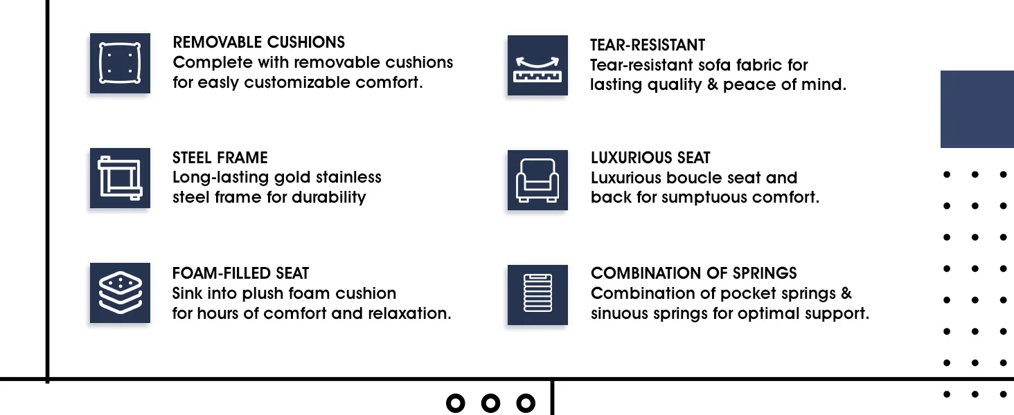 Lincoln Boucle Fabric Accent Armchair with Gold Stainless Steel Frame and Removable Back Cushion in Blue